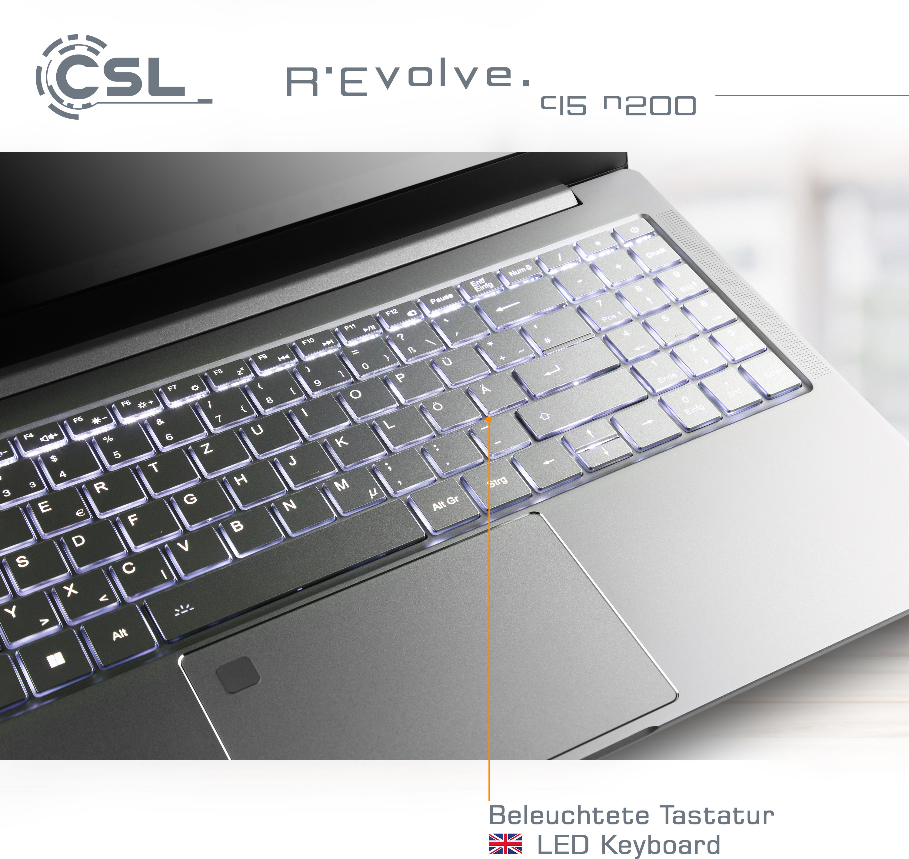 Laptop-Tastatur mit Hintergrundbeleuchtung. Der Text "R'Evolve" steht oben.