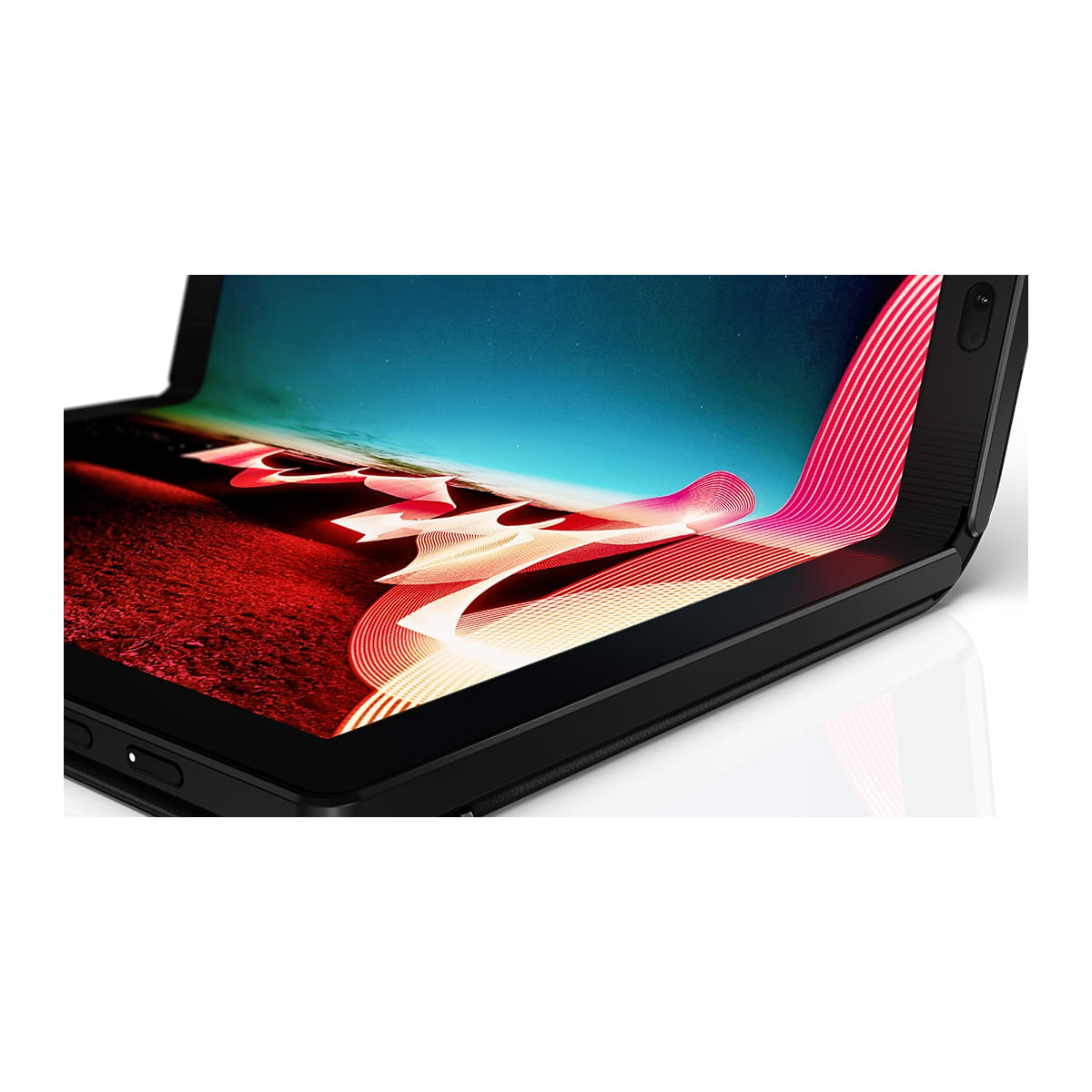 Składany tablet wyświetlający kolorowy obraz, z czarnym etui, pokazujący ekran.