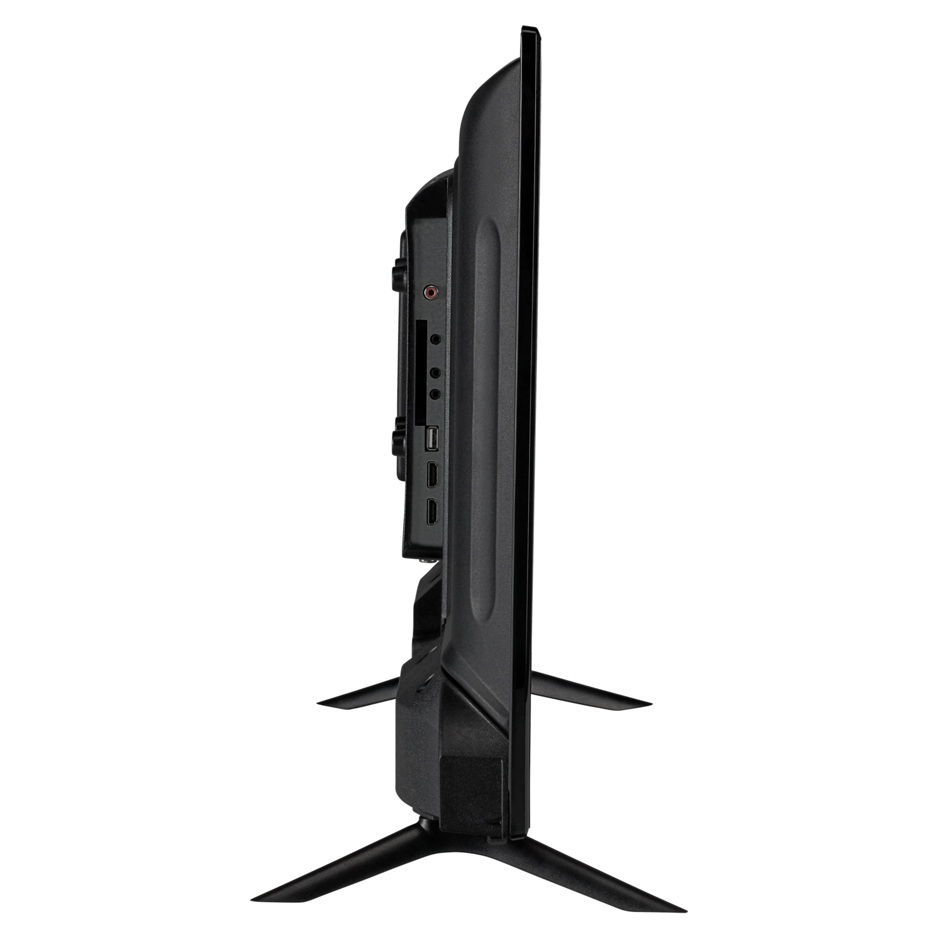 Zijaanzicht van een zwarte tv op een witte achtergrond. De tv heeft een standaard en poorten aan de zijkant.