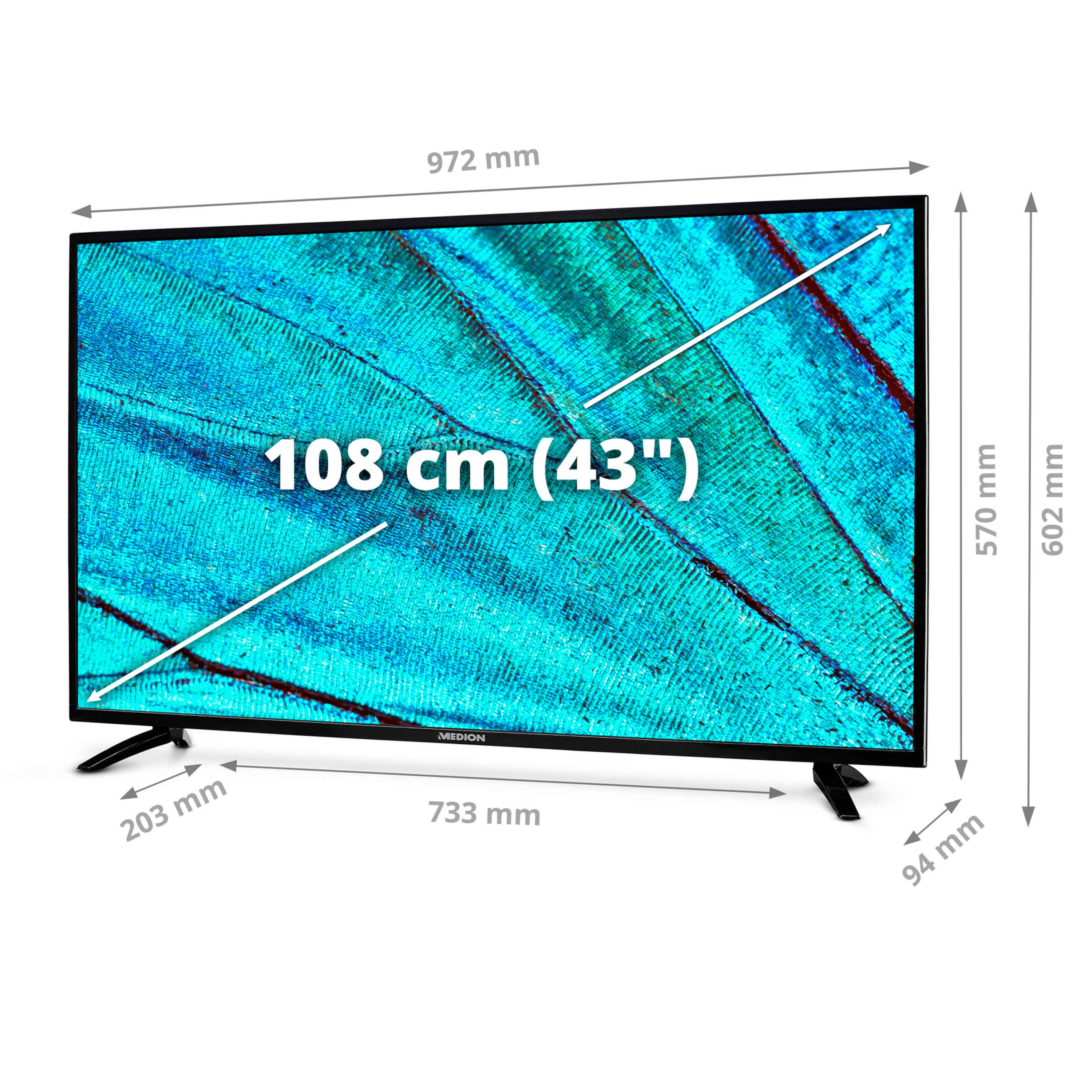 X14315 SMART-TV, ready, Ultra HD, LCD Fernseher 42,5 MEDION HD LIFE® Display, 108 (Flat, VIDAA) Triple PVR Zoll Bluetooth®, 43\'\' Tuner, / HDR, cm, HD CI+