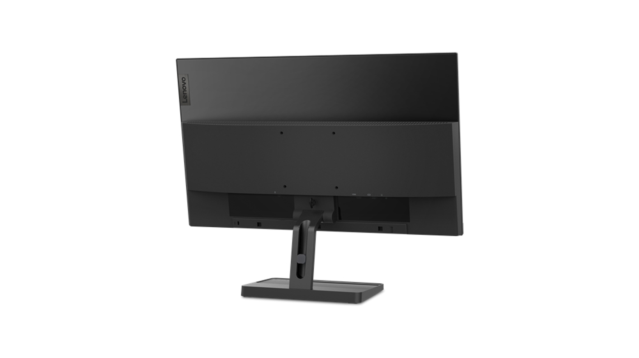 Die Rückseite eines schwarzen Lenovo-Monitors ist sichtbar. Es ist auf weißem Hintergrund.