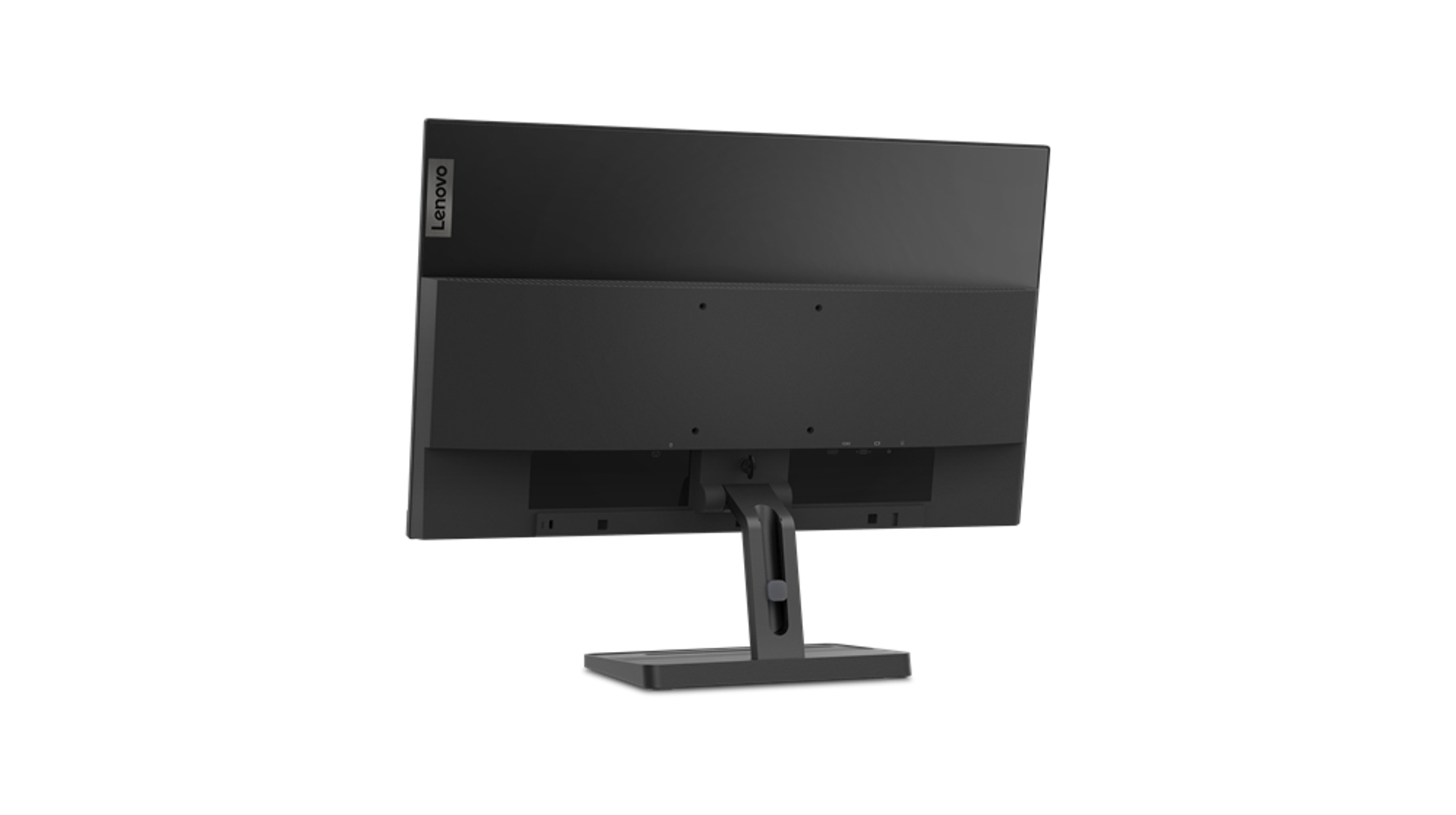 Rückansicht eines schwarzen Lenovo-Monitors mit Ständer auf weißem Hintergrund.