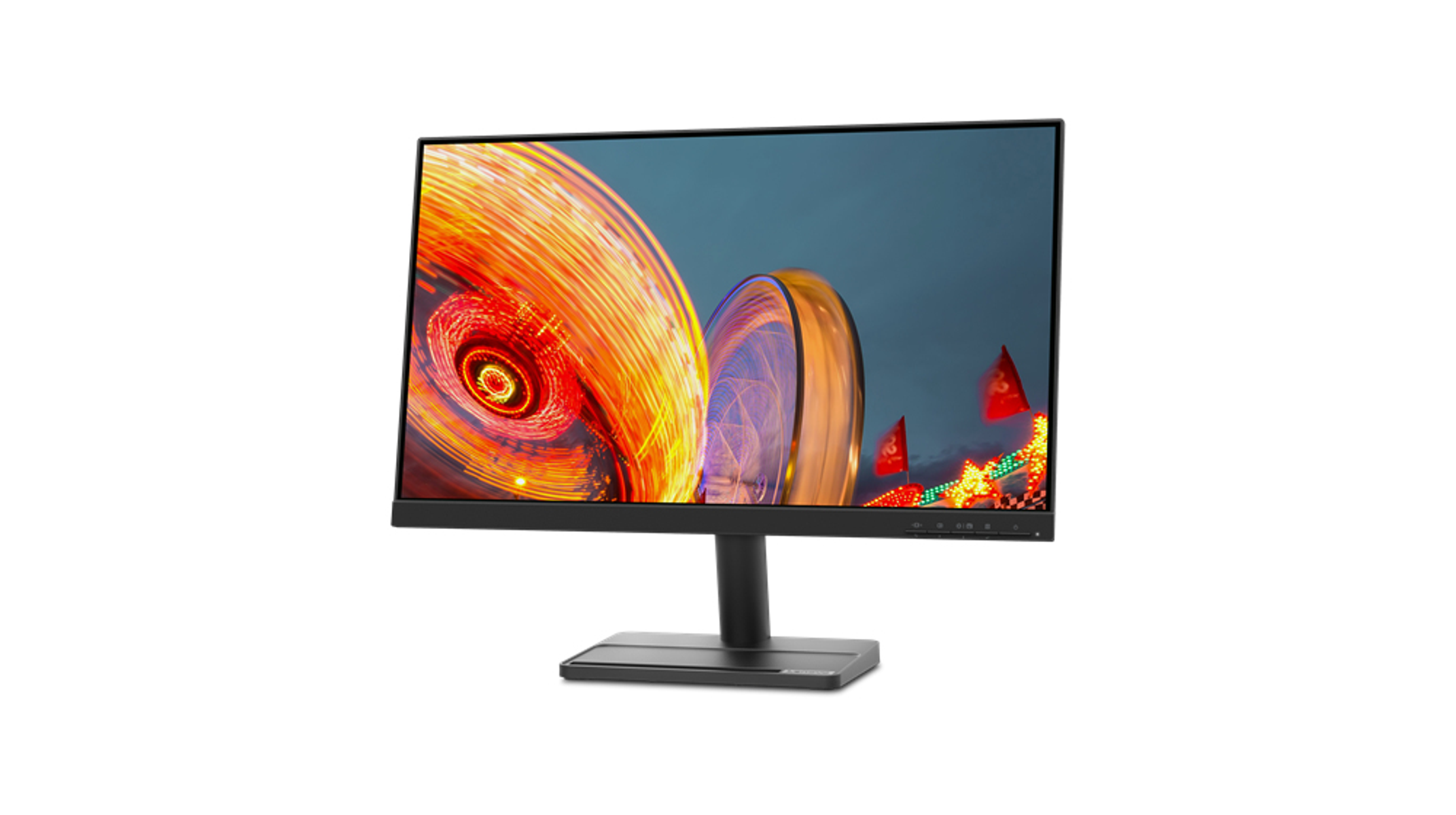 Lenovo-Monitor mit einer bunten, verschwommenen Jahrmarktszene.