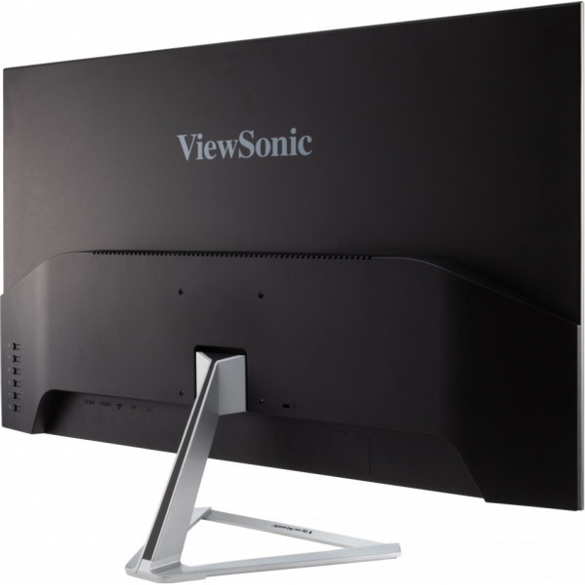 Tył czarnego monitora komputera ze srebrną podstawką. Logo ViewSonic.