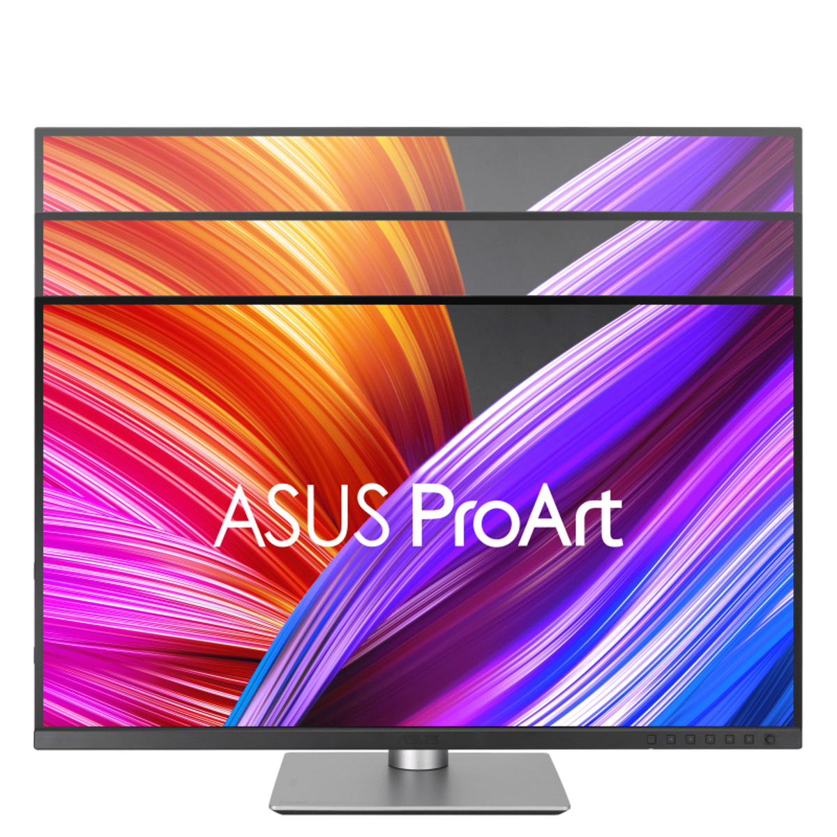 Szeroki monitor komputerowy z trzema ekranami wyświetlającymi kolorową sztukę abstrakcyjną i logo ASUS ProArt.