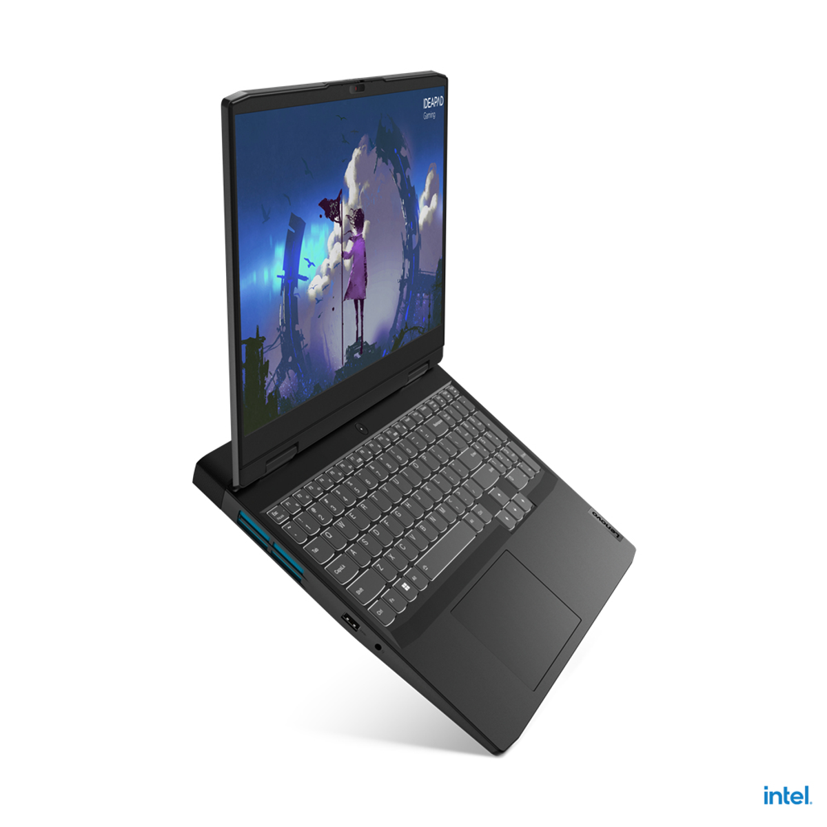 Ein Laptop mit einem Bildschirm, der eine Fantasieszene zeigt, vor einem weißen Hintergrund.