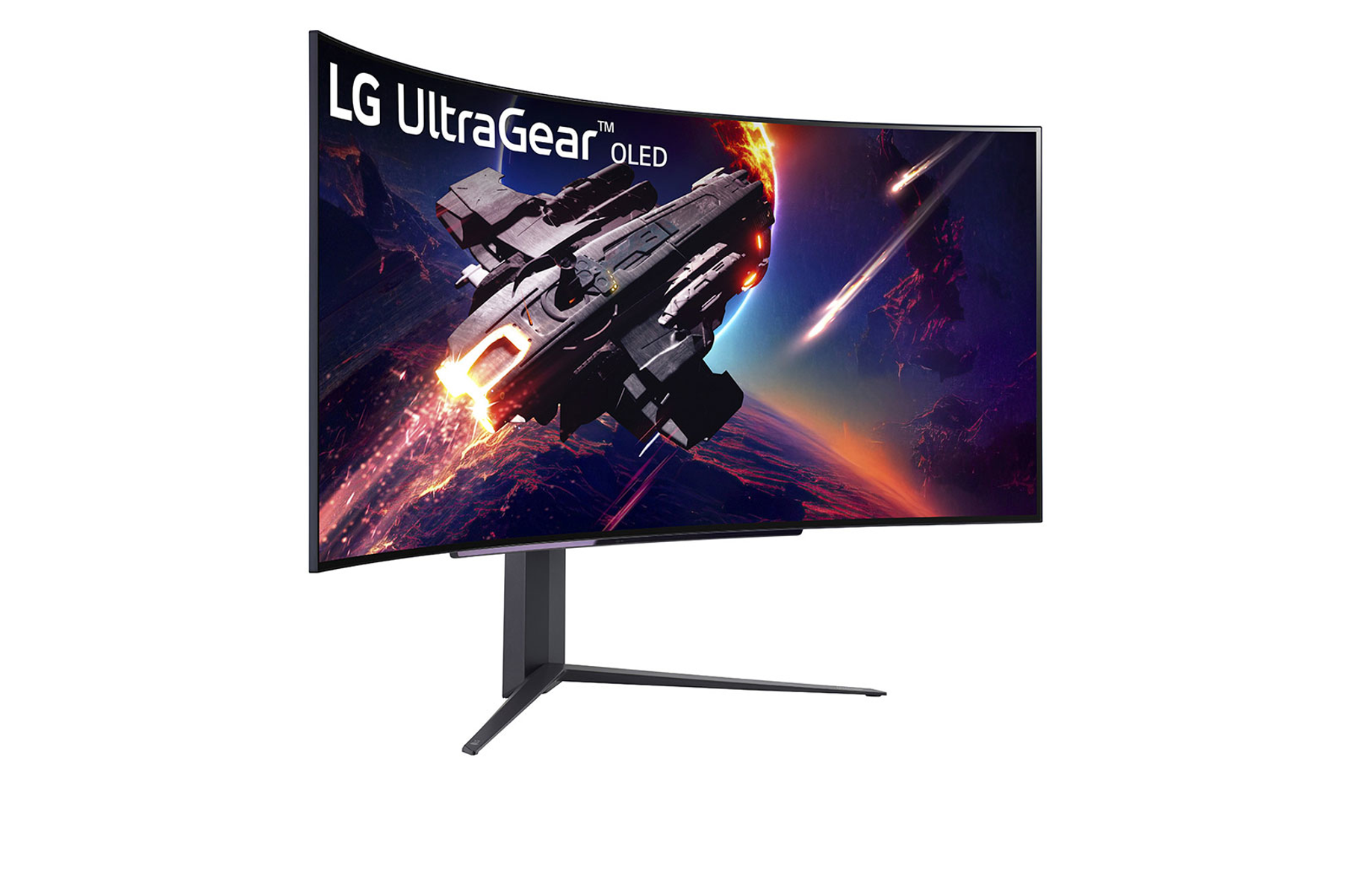 Gebogener LG UltraGear OLED-Monitor mit Raumschiffszene. Weißer Hintergrund.