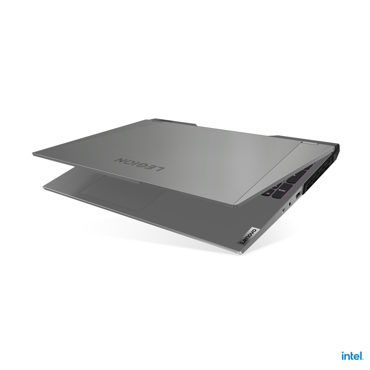 Laptop Lenovo Legion schräg geöffnet, graue Farbe.