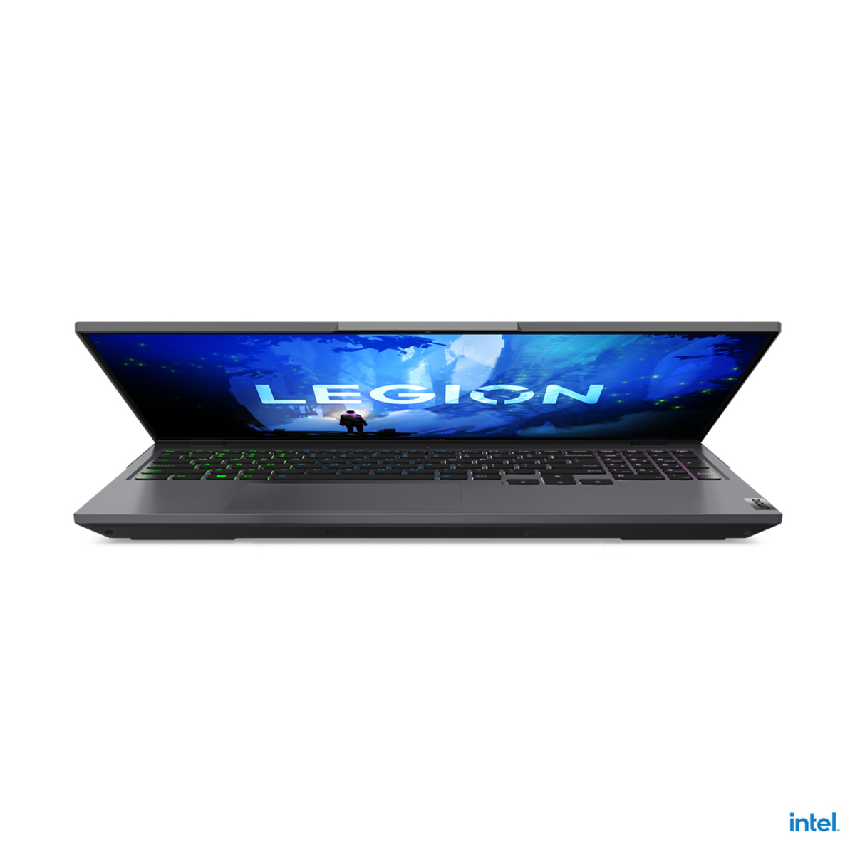 Ein Laptop mit dem Wort LEGION auf dem Bildschirm und dem Intel-Logo.