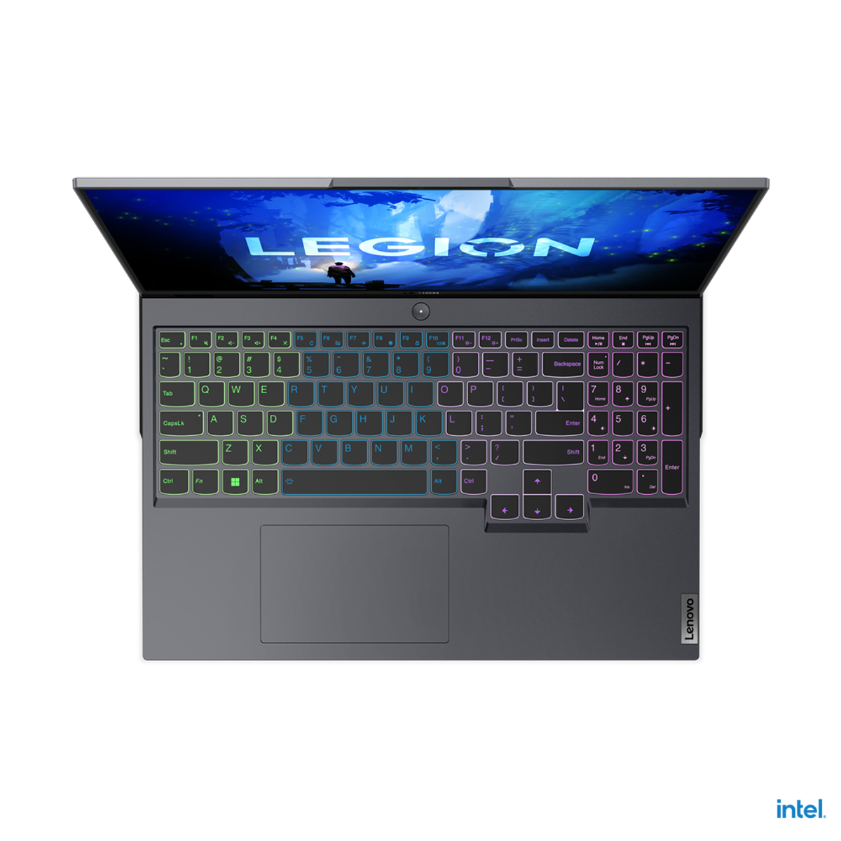 Laptop, Draufsicht, offen, mit Tastatur und Bildschirm. Lenovo Legion Logo sichtbar.