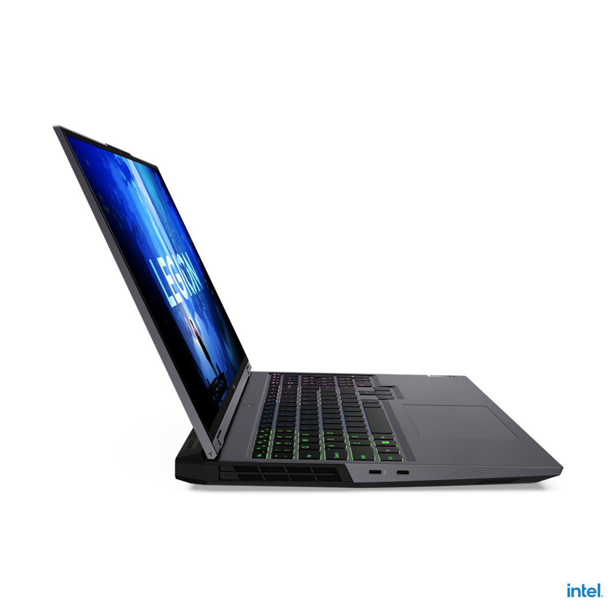 Laptop mit offenem Bildschirm, der den Text "LEGION" anzeigt, schwarze Tastatur.