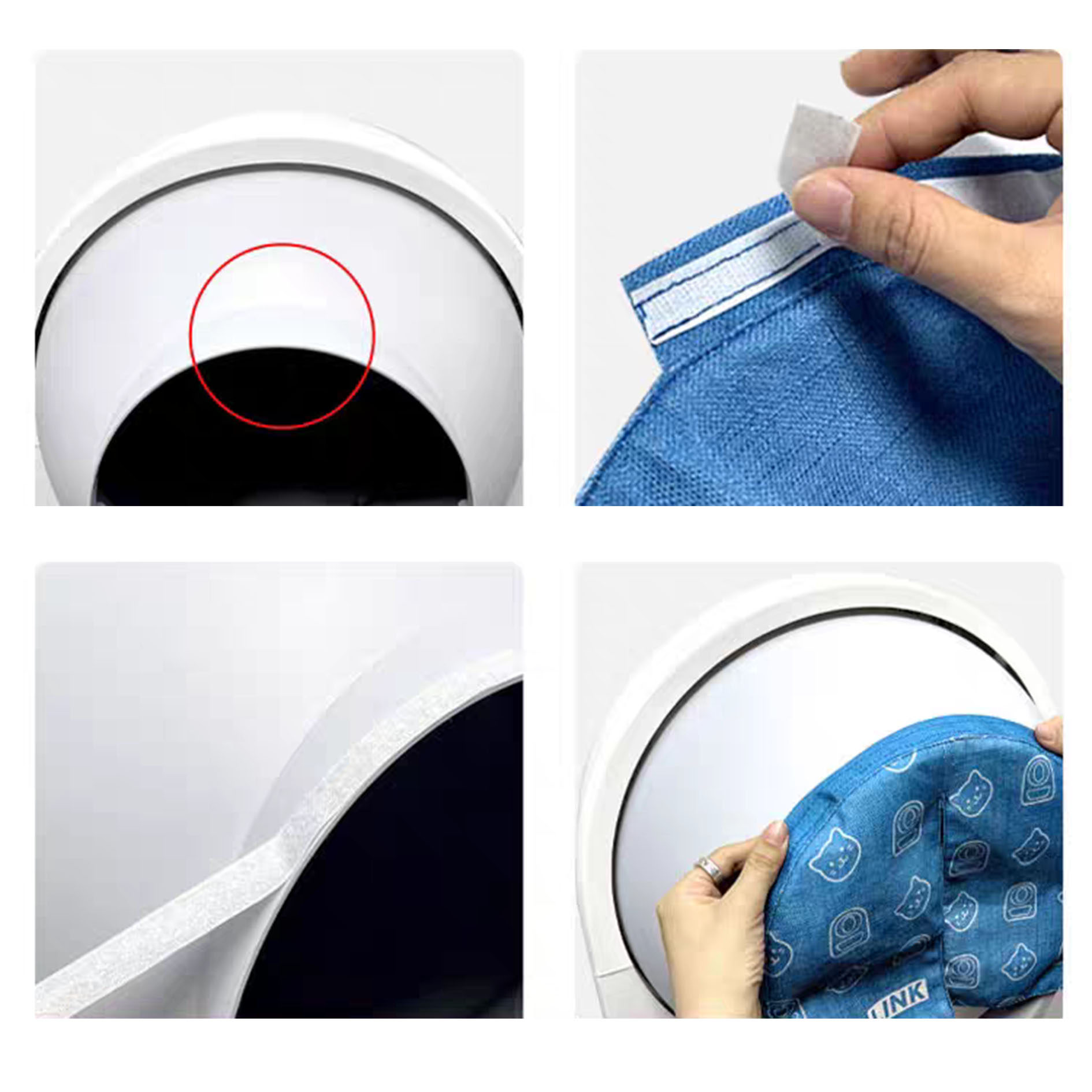 Close-up of white device with blue fabric being attached. Several detailed shots are shown.