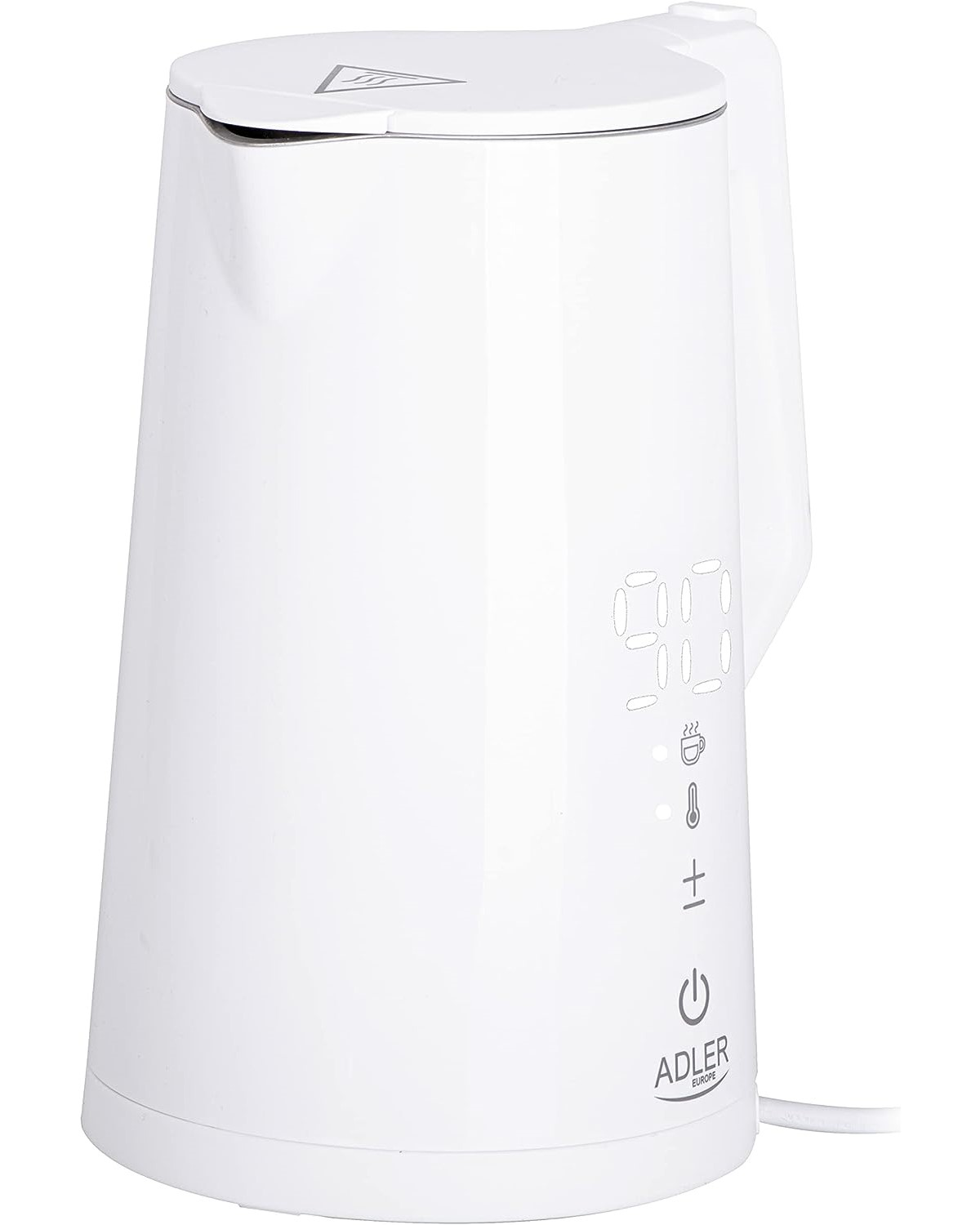 Ein weißer Wasserkocher mit Digitalanzeige und Ein-/Ausschalter auf weißer Oberfläche.