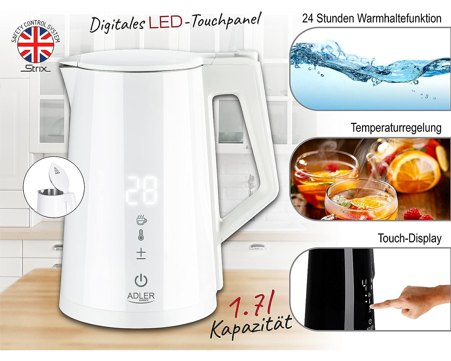 Weißer Wasserkocher mit Digitalanzeige, Grafiken zur Temperaturregelung und Getränkebeispiele.