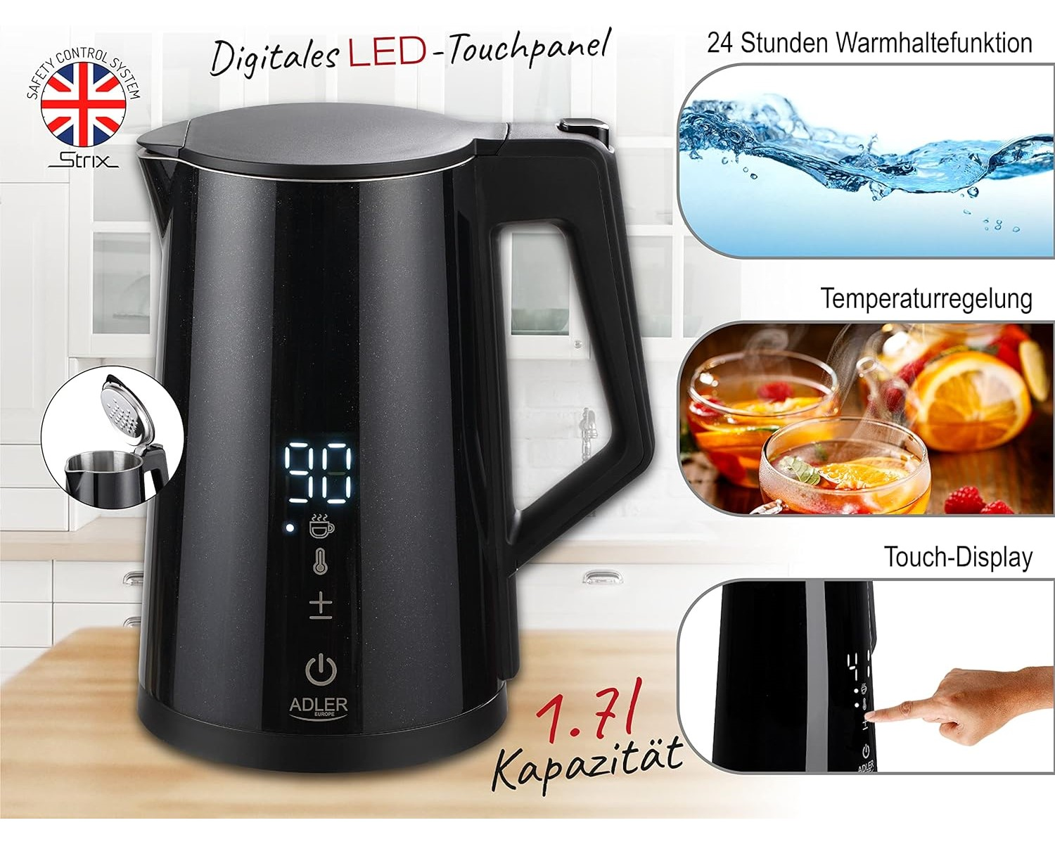 Ein schwarzer Wasserkocher mit digitaler Anzeige und Wasserstandsanzeige wird gezeigt.