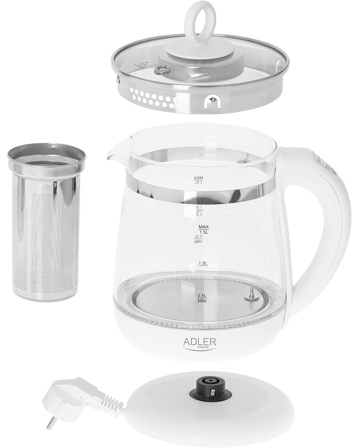 Ein weißer Wasserkocher zerlegt: Deckel, Sieb, Glaskörper, Boden und Netzkabel.