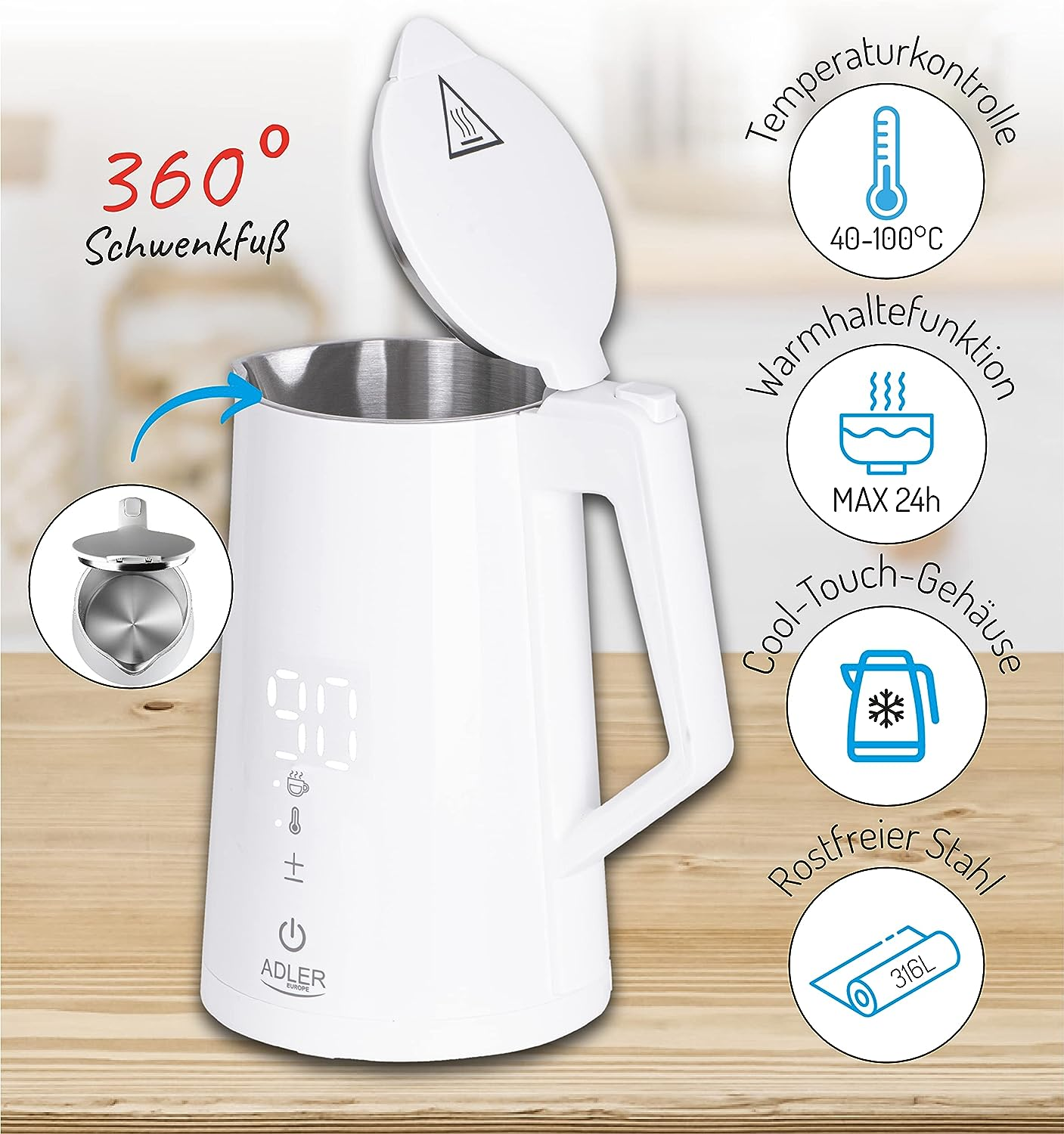 Weißer Wasserkocher mit Bedienelementen, 360° Drehfuß und Temperaturanzeige.