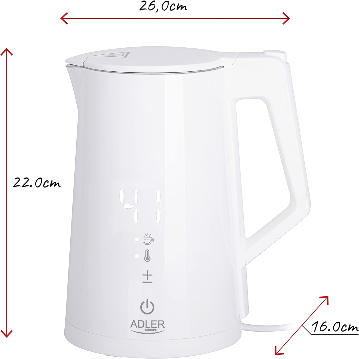 Weißer elektrischer Wasserkocher mit Digitalanzeige, Pfeile zeigen Abmessungen und einen Griff.