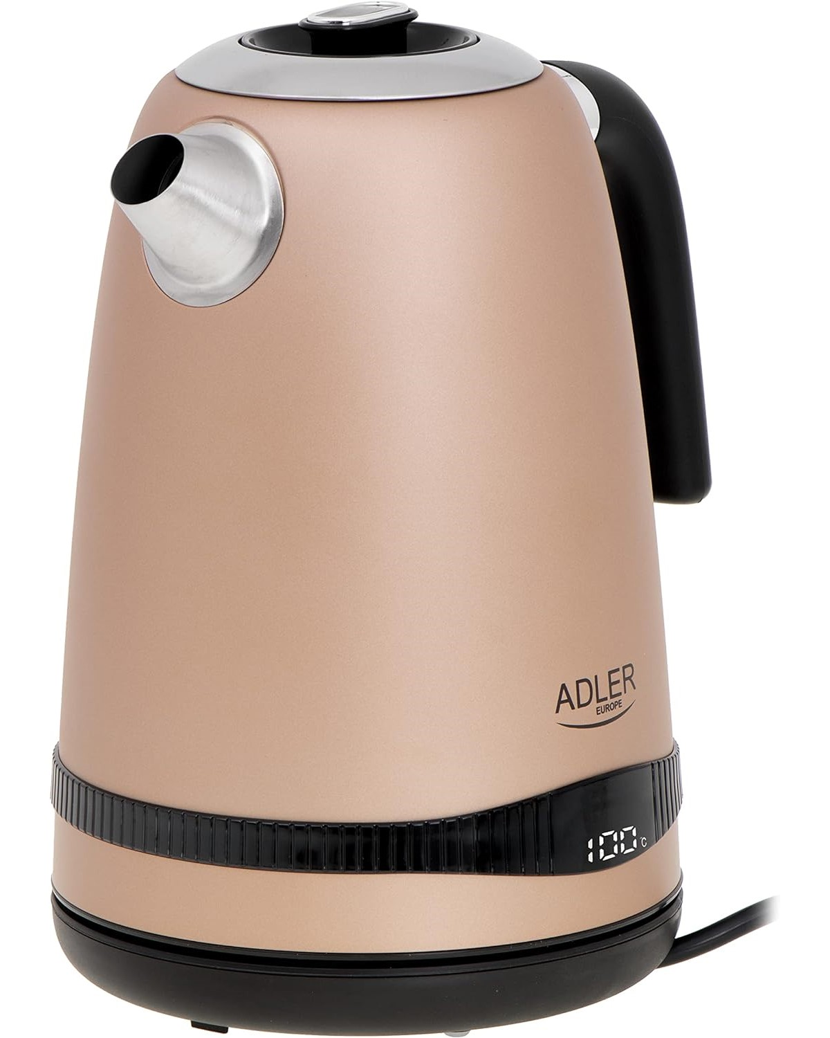 Roségoldfarbener elektrischer Wasserkocher. Schwarze Details an Griff und Boden. Weißer Hintergrund.