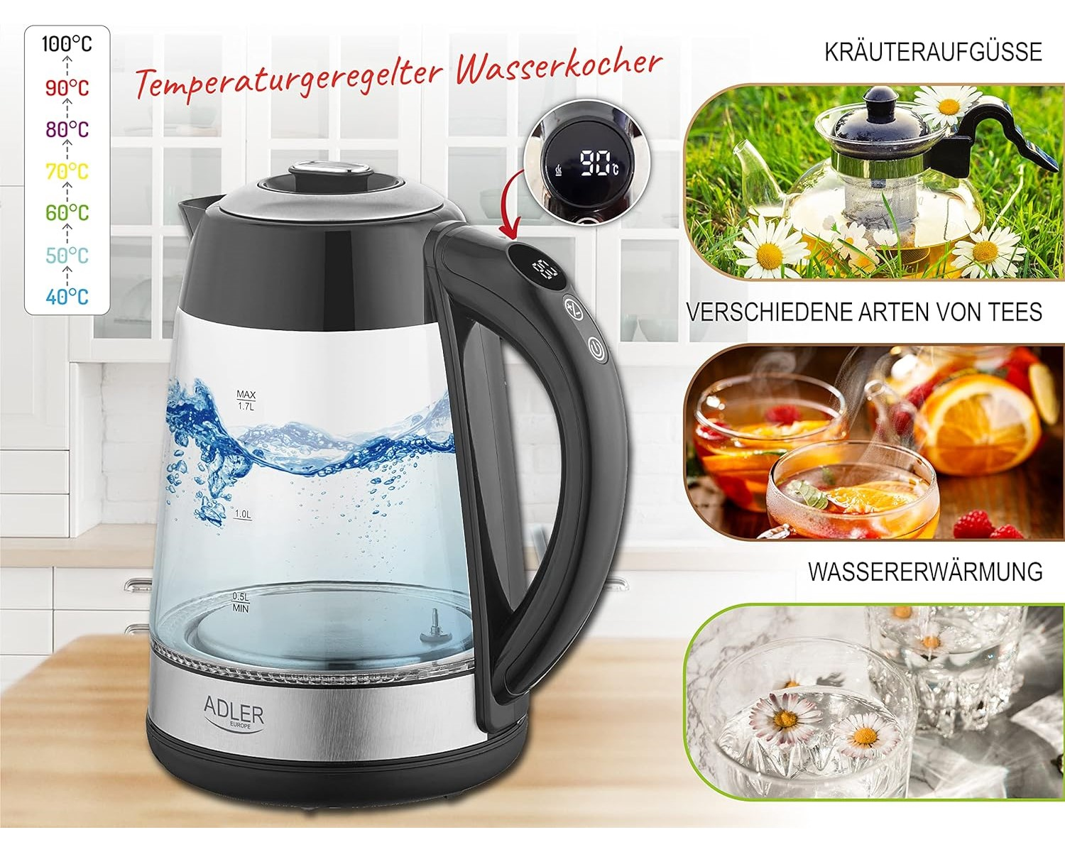 Ein Glaskessel mit Wasser und Temperaturanzeige. Bilder von Tee und Blumen werden daneben gezeigt.