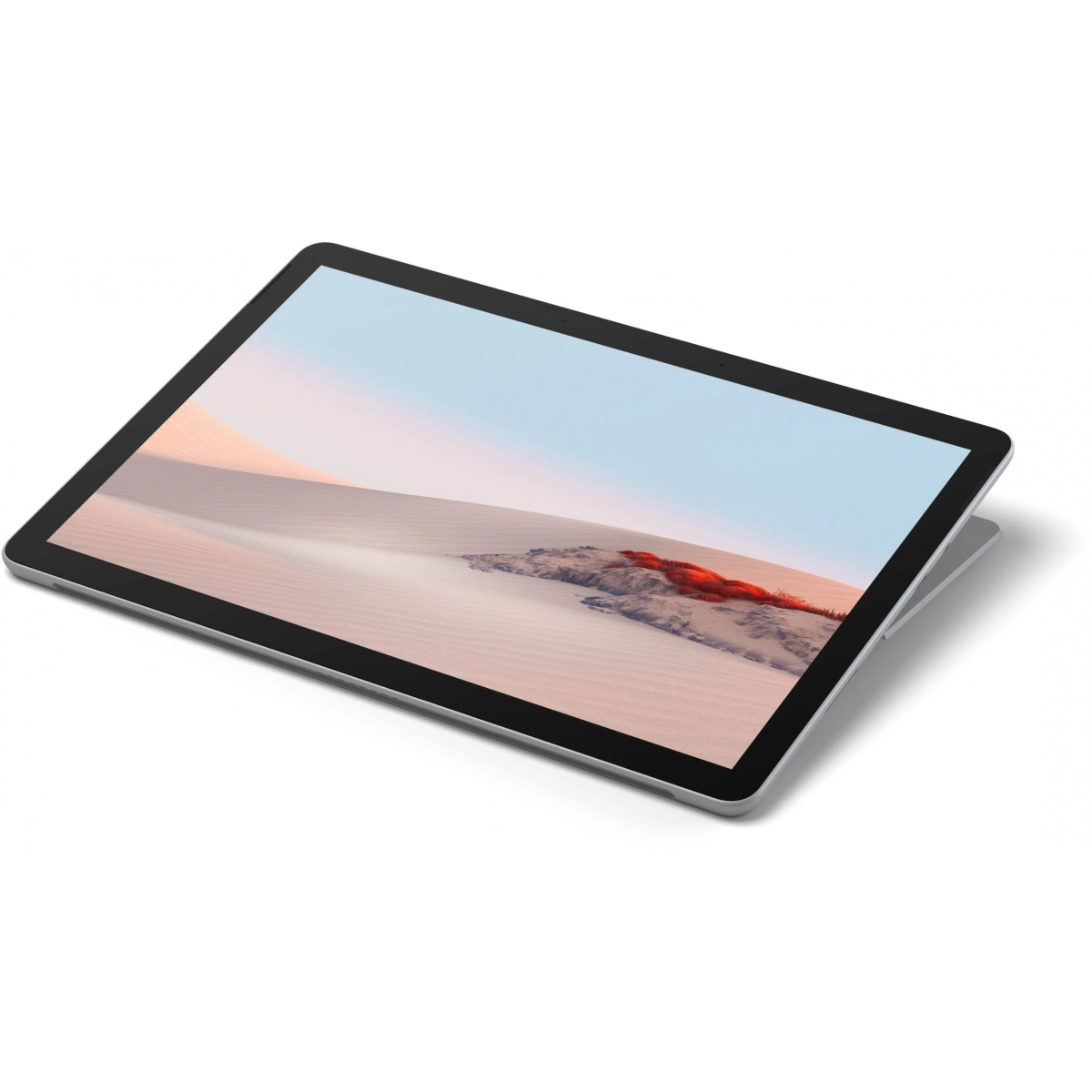 Un tablet con cornice nera, lo schermo mostra un paesaggio desertico.