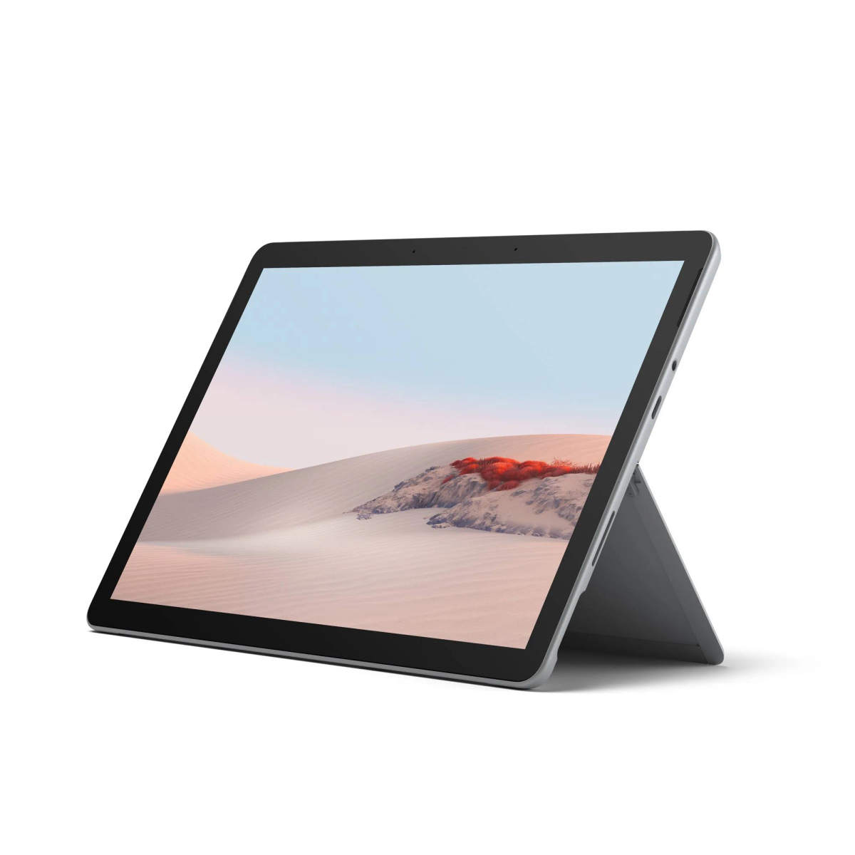 Tablet su un supporto. Lo schermo mostra un paesaggio. Lo sfondo è bianco.