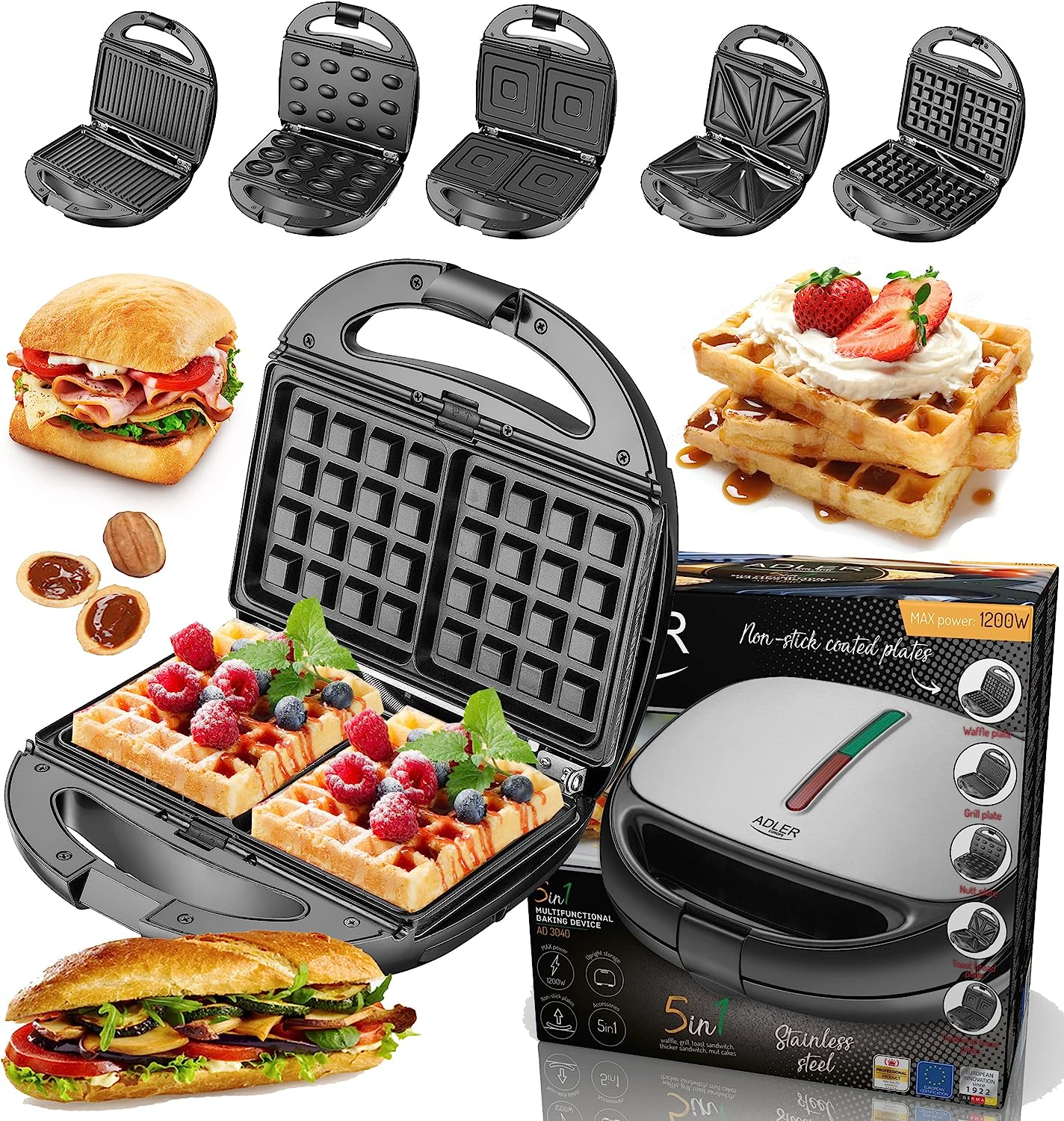 Waffeleisen mit Waffeln und Sandwiches. Verschiedene Plattentypen, weißer Hintergrund.