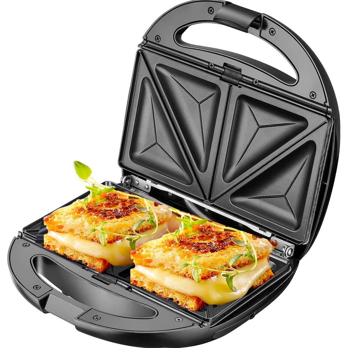 Sandwichmaker offen mit zwei gegrillten Käsesandwiches innen, mit Kräutern belegt.