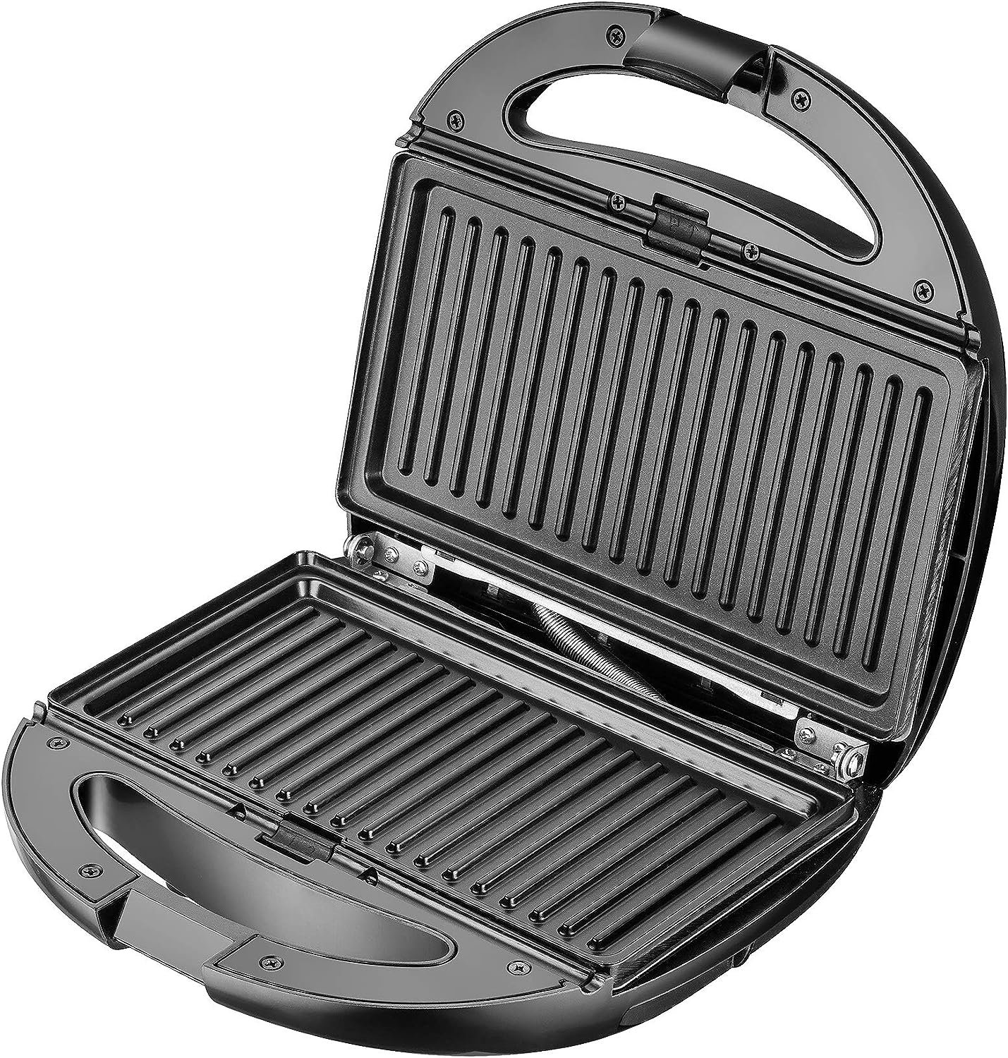 Offener, schwarzer Sandwichmaker mit gerippten Heizplatten. Der Griff befindet sich oben.