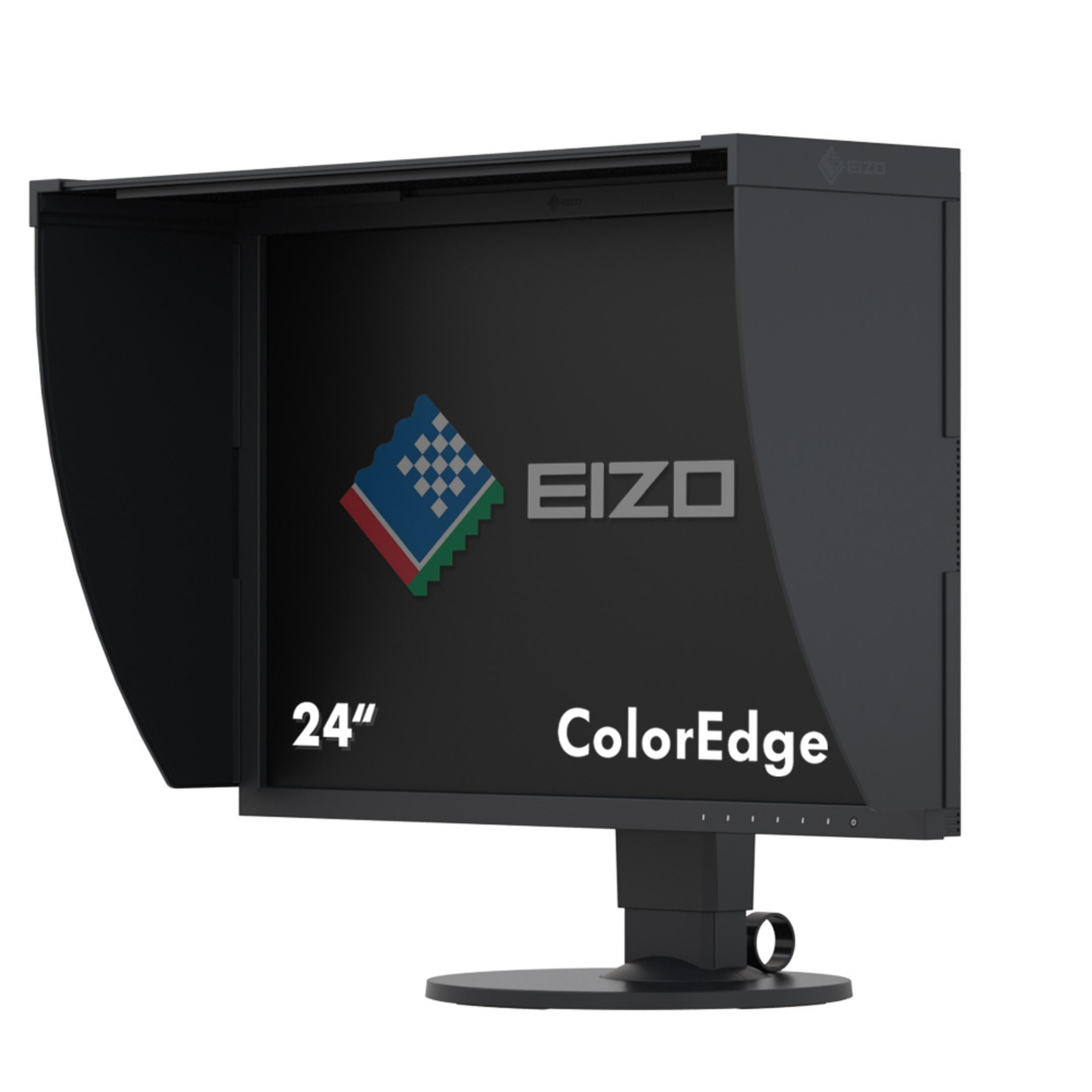 Un monitor nero con cappuccio che mostra il logo e il testo EIZO ColorEdge.