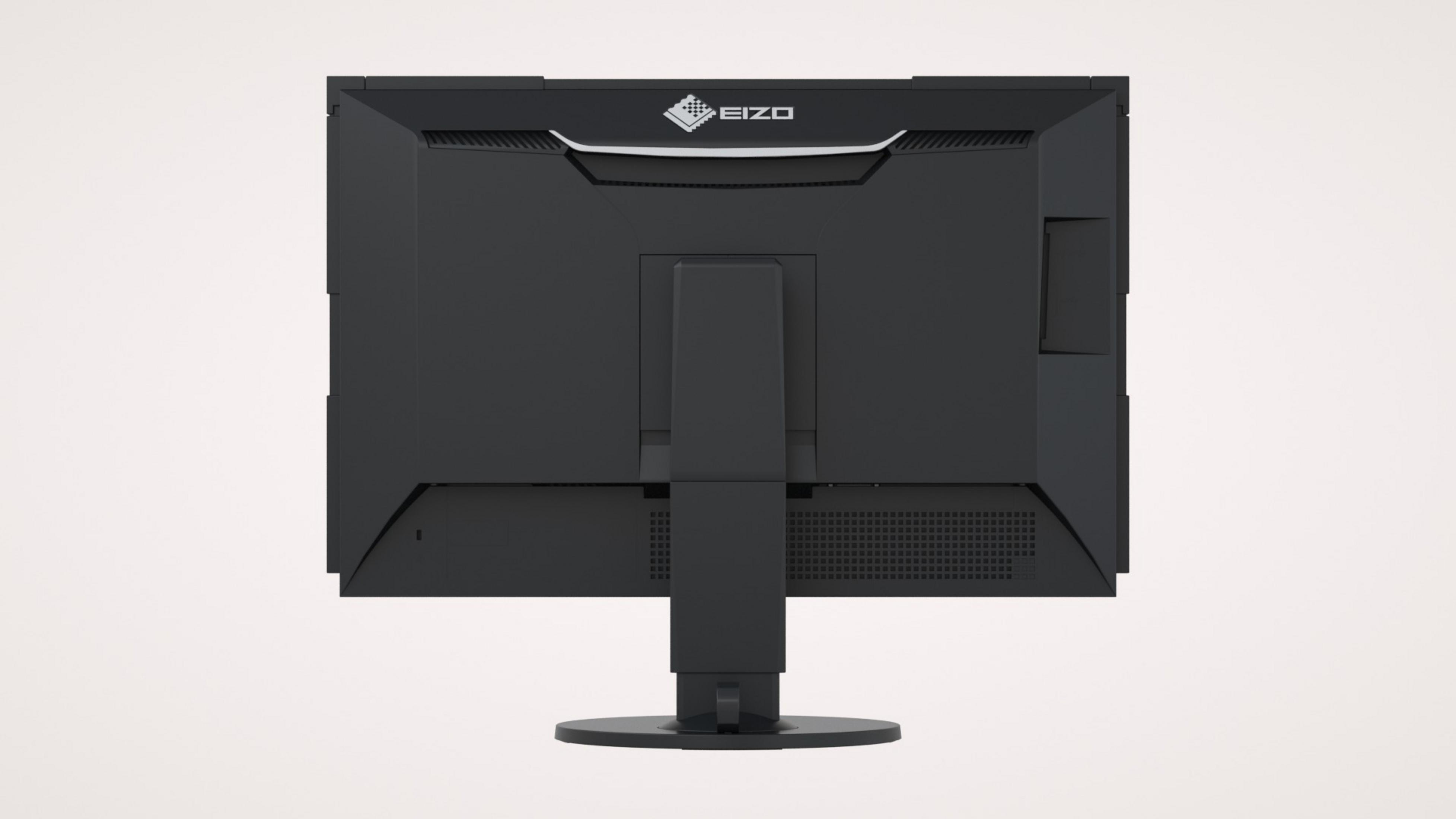 Il retro di un monitor per computer nero. Ha un supporto e il logo EIZO.