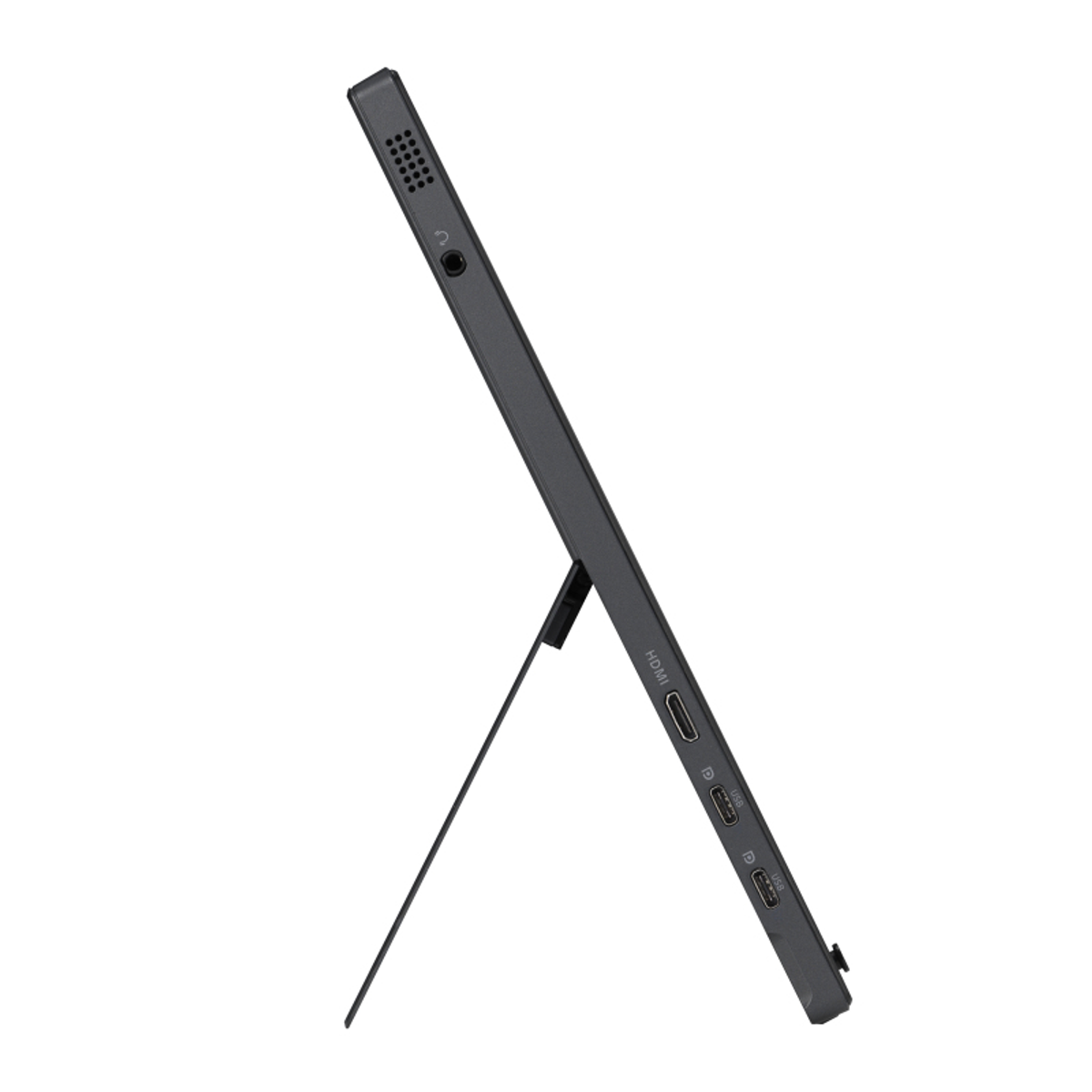 A black portable monitor with a kickstand, ports visible. Isolated on a white background.
