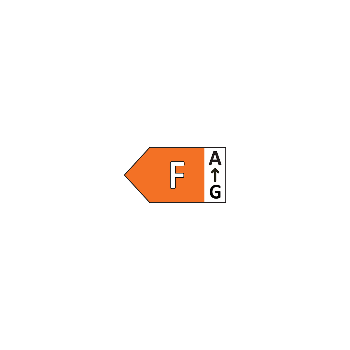 Etykieta energetyczna pokazująca ocenę 'F'. Etykieta pokazuje grafikę ze strzałką skierowaną w górę.