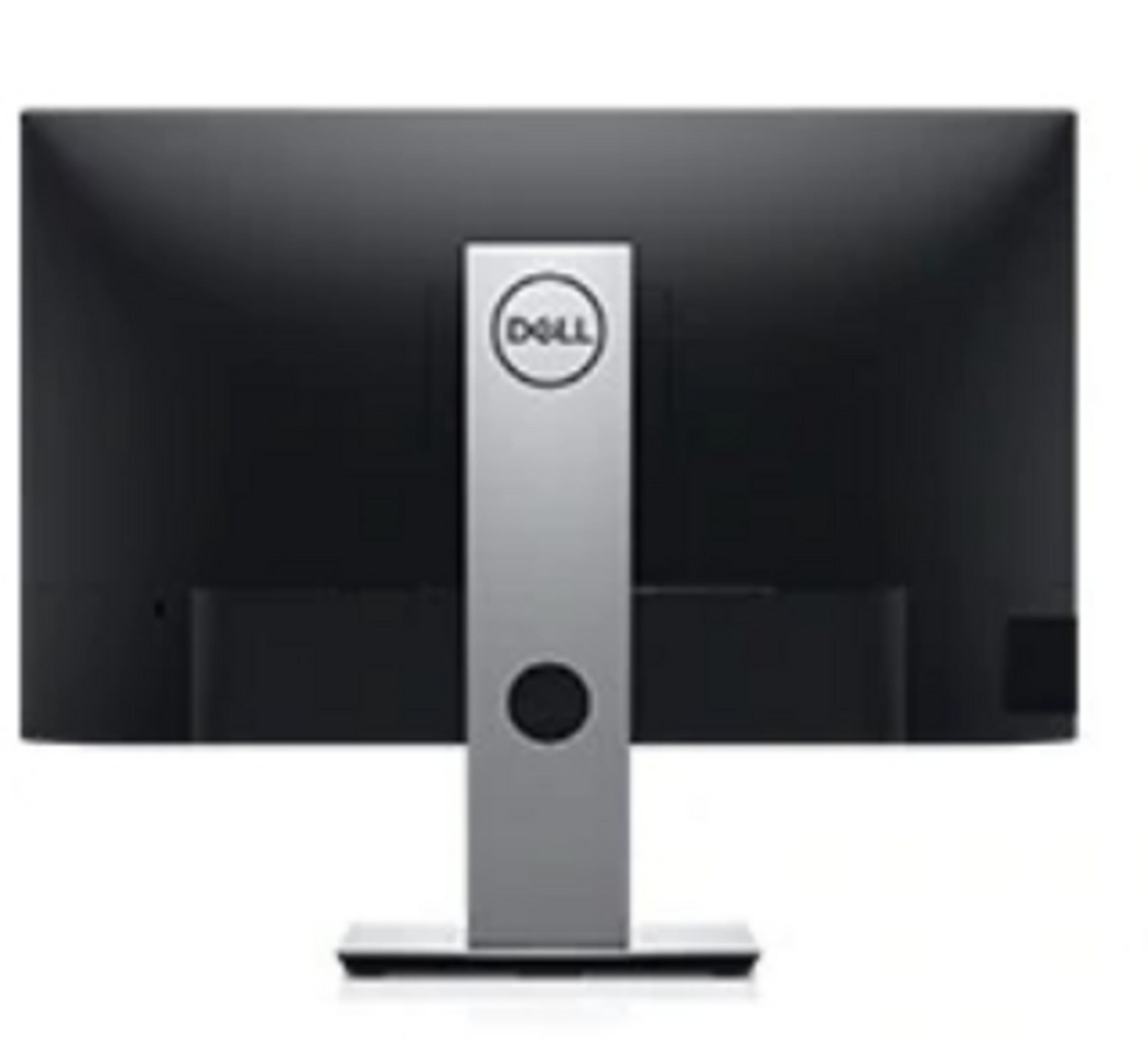 Widok z tyłu czarnego monitora z srebrną podstawą i logo Dell.