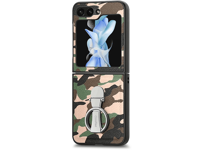 WIGENTO Design Camouflage Hülle Grün Premium Galaxy Flip5 Z Samsung, Backcover, 5G, Ringhalterung, mit