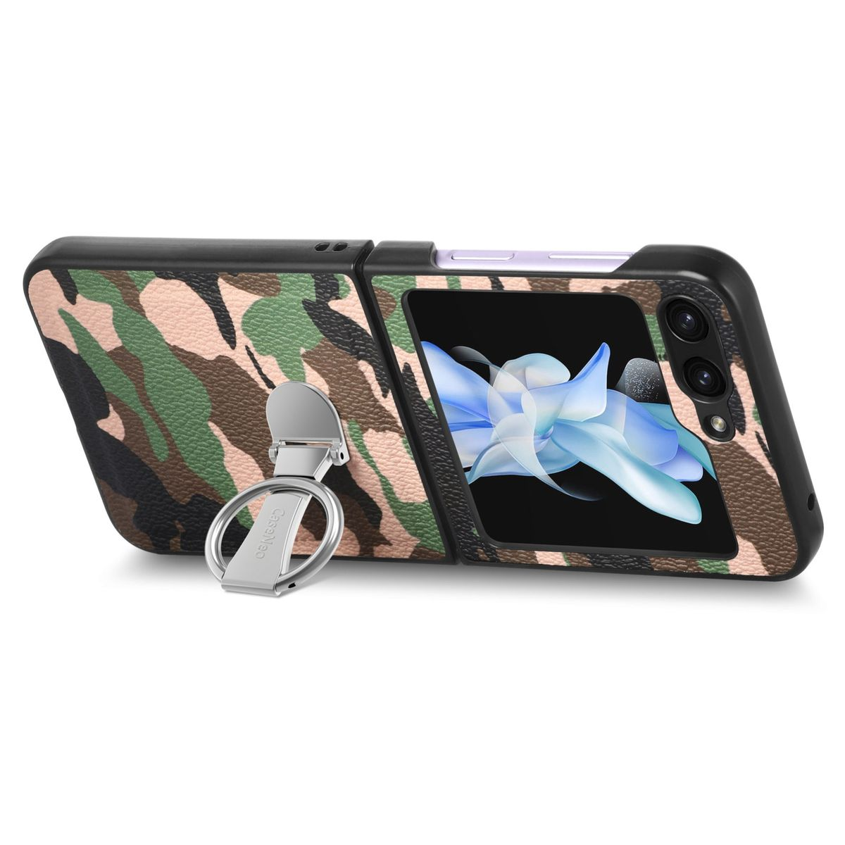 WIGENTO Design Camouflage Hülle Grün Premium Galaxy Flip5 Z Samsung, Backcover, 5G, Ringhalterung, mit