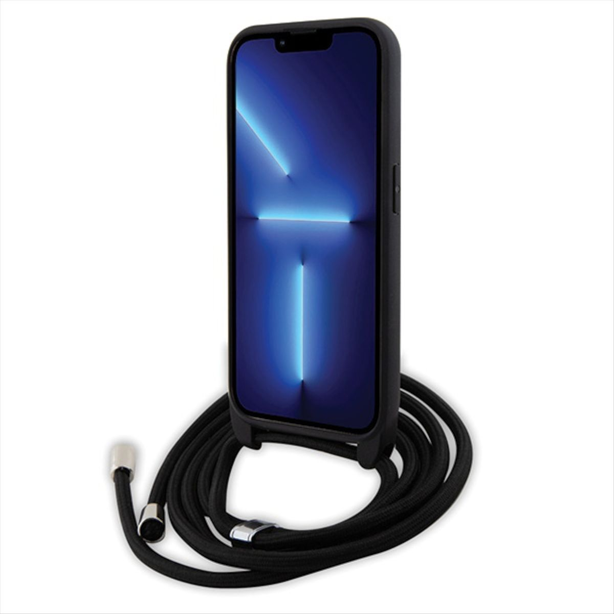 Custodia nera con telefono, cordino nero, sfondo bianco.
