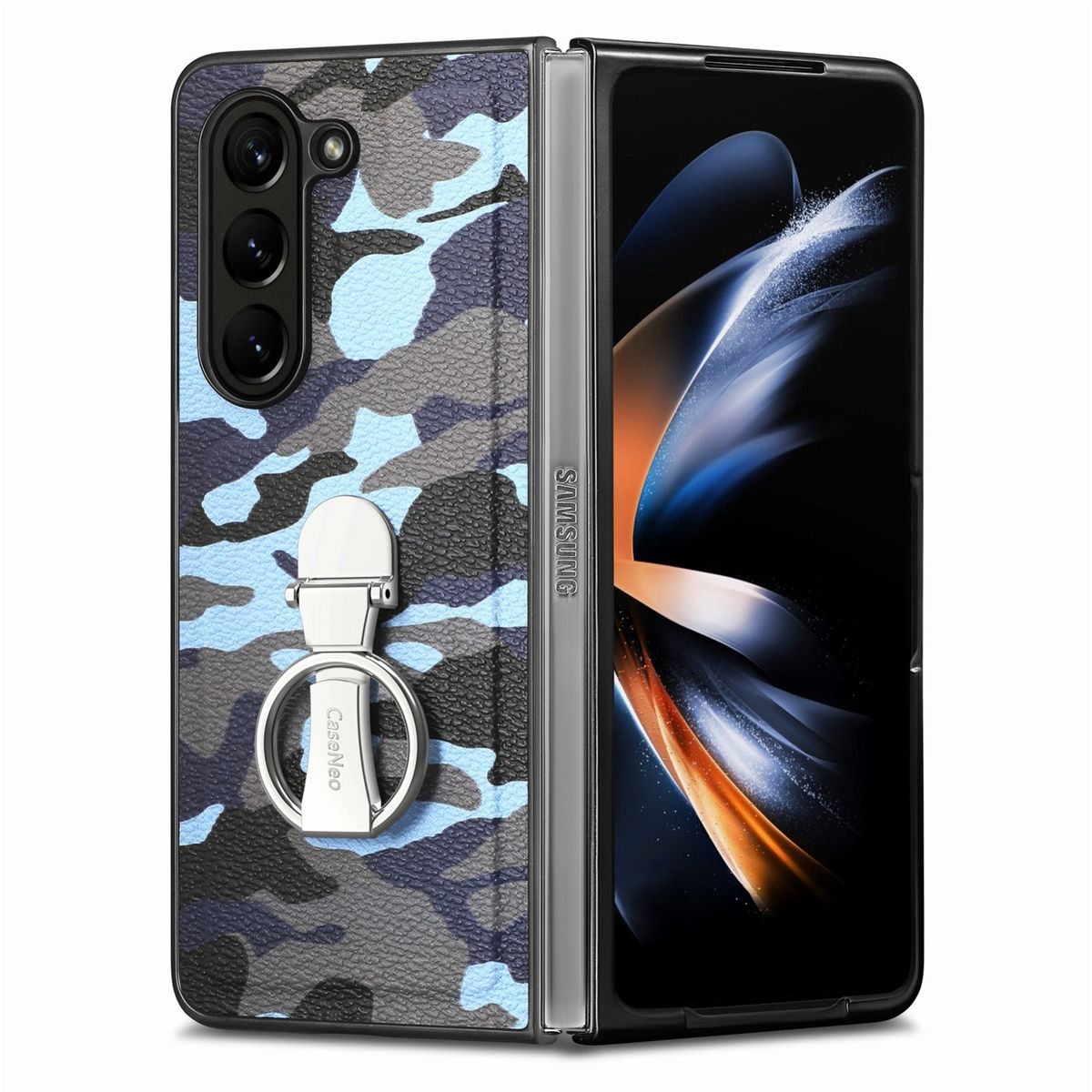 Samsung, Galaxy Hülle Blau Z Camouflage Premium Backcover, WIGENTO 5G, Fold5 Design Ringhalterung, mir