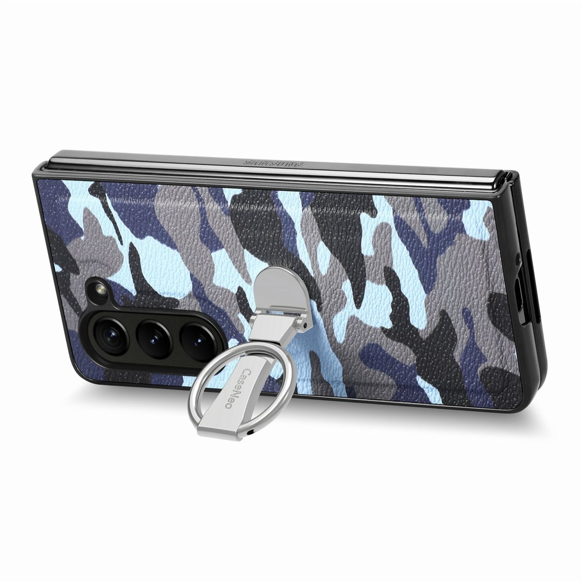 Premium Samsung, WIGENTO Hülle Camouflage Design 5G, Backcover, mir Galaxy Z Blau Fold5 Ringhalterung,