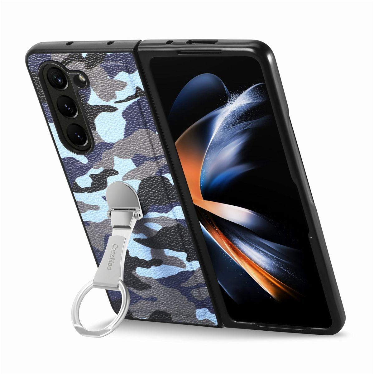 Samsung, Galaxy Hülle Blau Z Camouflage Premium Backcover, WIGENTO 5G, Fold5 Design Ringhalterung, mir