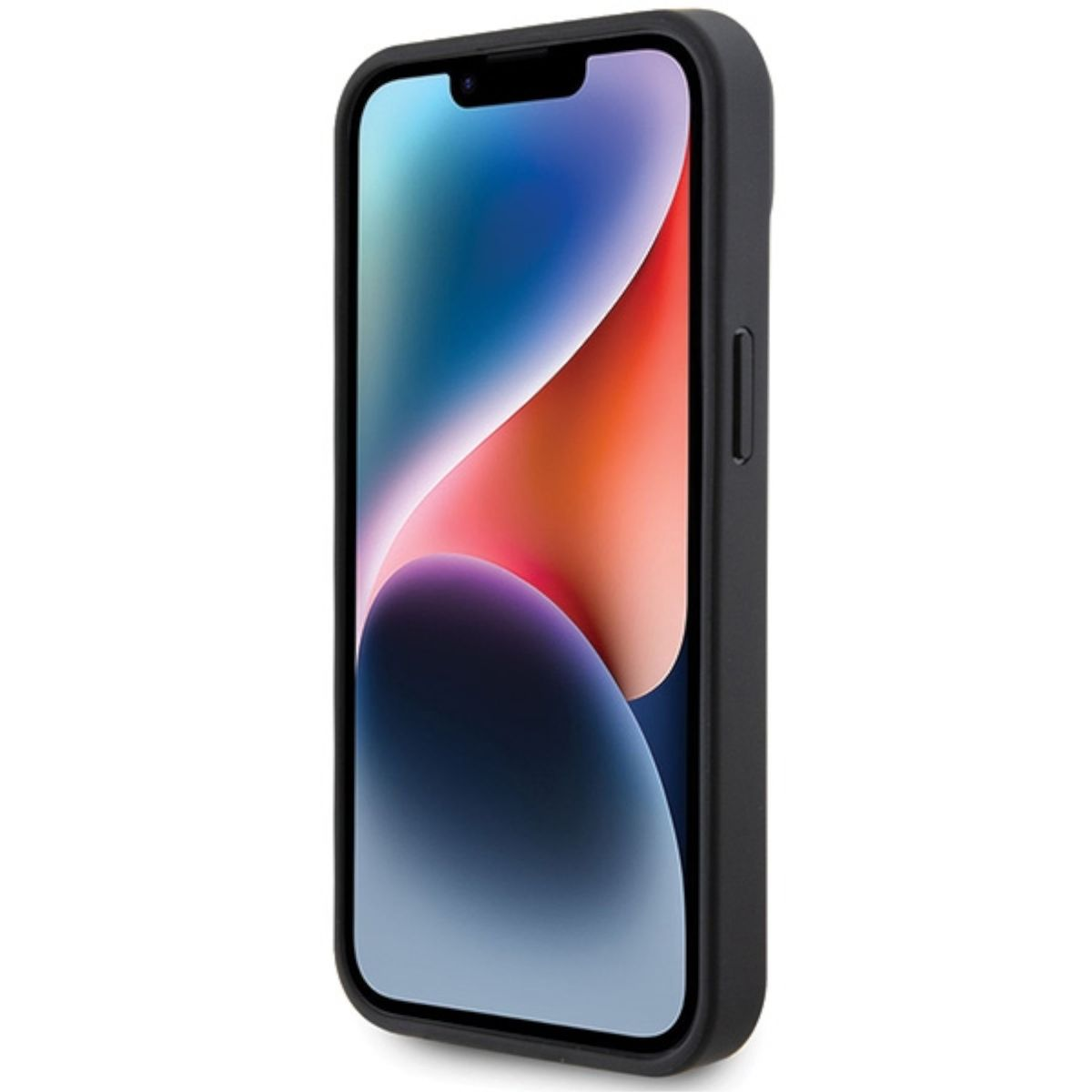 Custodia nera per telefono su un iPhone, con sfondo colorato visibile sullo schermo.