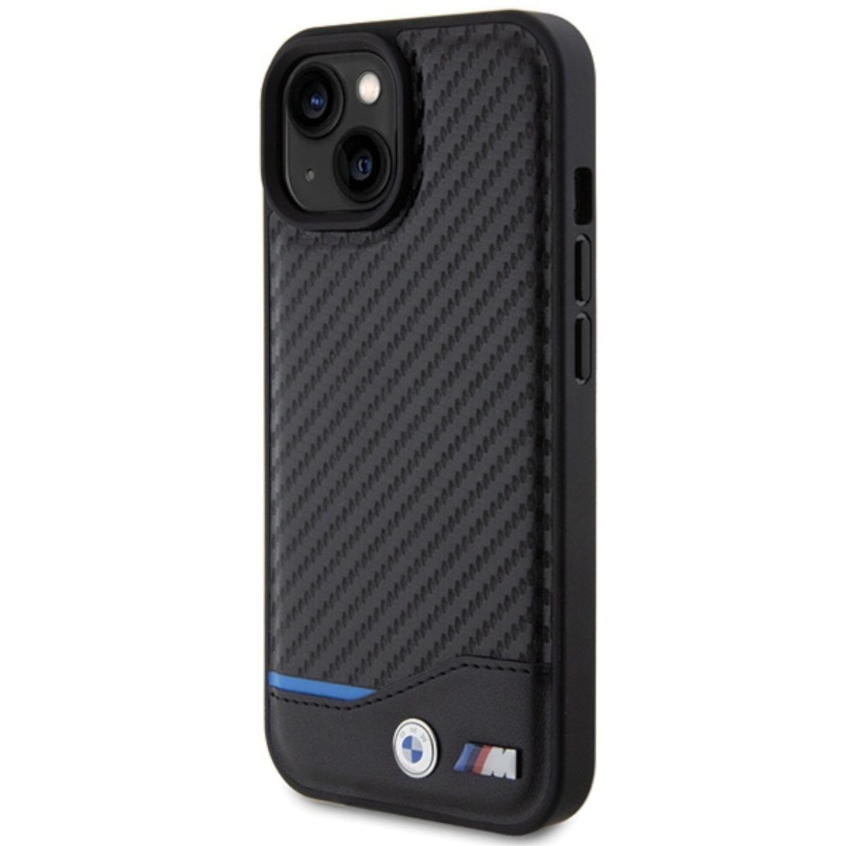 Custodia nera per iPhone con motivo in fibra di carbonio. Include logo BMW e striscia M Sport.