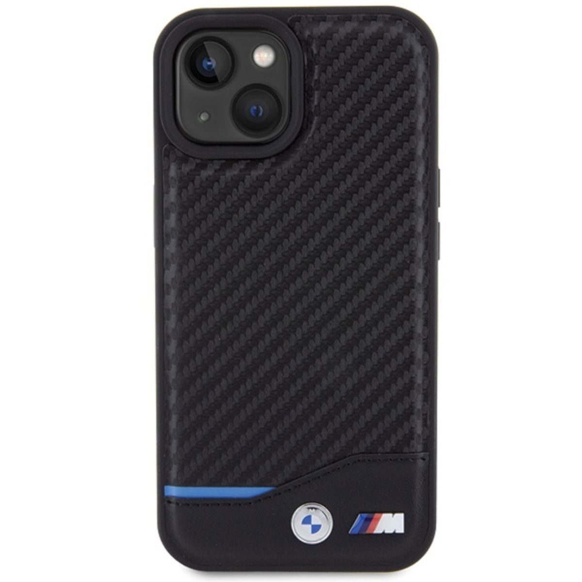 Custodia per telefono nera con trama in fibra di carbonio. Ha una striscia blu e il logo BMW.