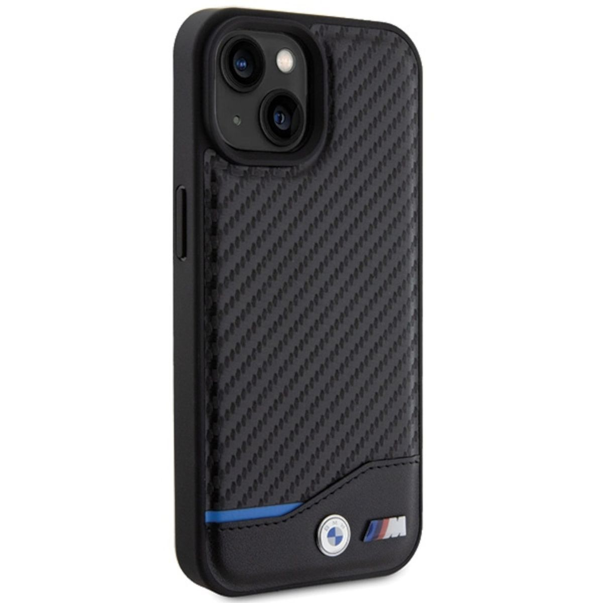 Custodia per telefono nera con trama in fibra di carbonio, logo BMW e dettaglio blu. Primo piano.