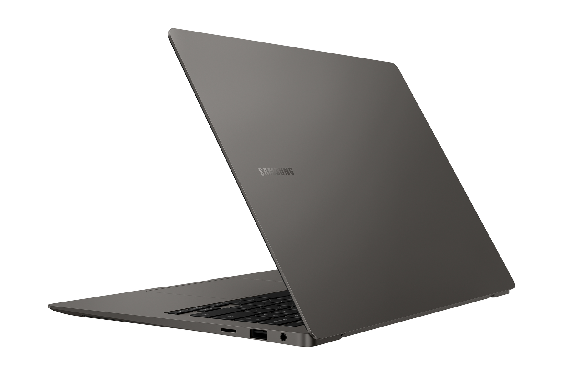 Dunkelgrauer Laptop, leicht geöffnet, mit Samsung-Logo, vor weißem Hintergrund.