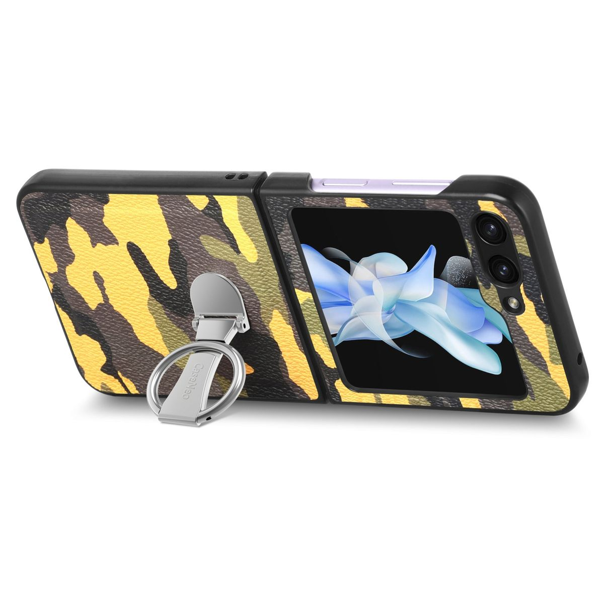 WIGENTO Design Camouflage Premium Hülle Samsung, Galaxy Backcover, Z Ringhalter, Gelb mit Flip5 5G
