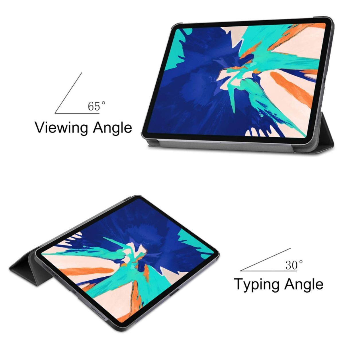 Tablet in Hülle, dargestellt bei 65 Grad Betrachtungswinkel und 30 Grad Tippwinkel. Zeigt bunte Kunst.