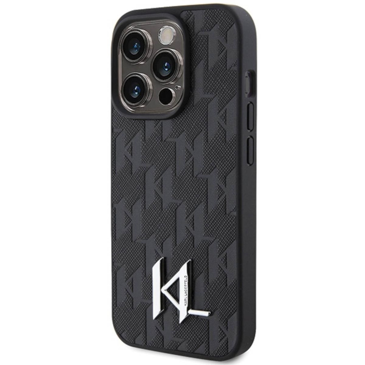 Beyaz 'KL' logolu siyah telefon kılıfı. Kılıf dokulu bir desene sahip. Telefonun kameraları görünür.