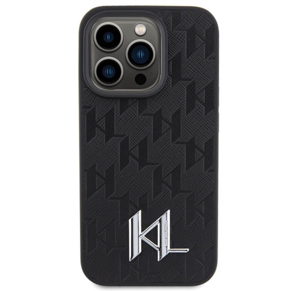 Tekrarlayan logo desenli ve gümüş logolu siyah bir telefon kılıfı gösteriliyor.