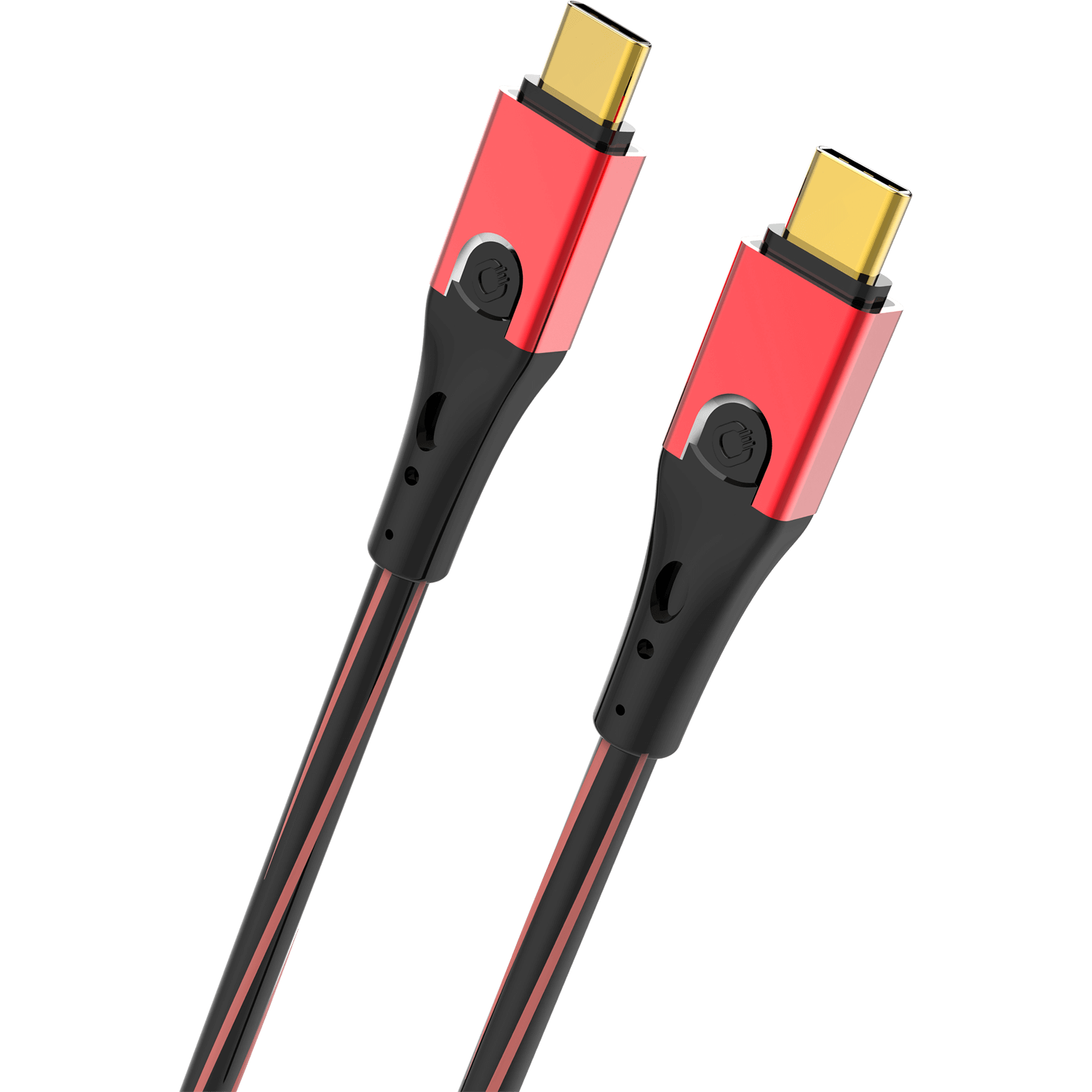 Rotes und schwarzes USB-C-Kabel. Beide Enden haben Stecker. Das Kabel ist rot und schwarz.